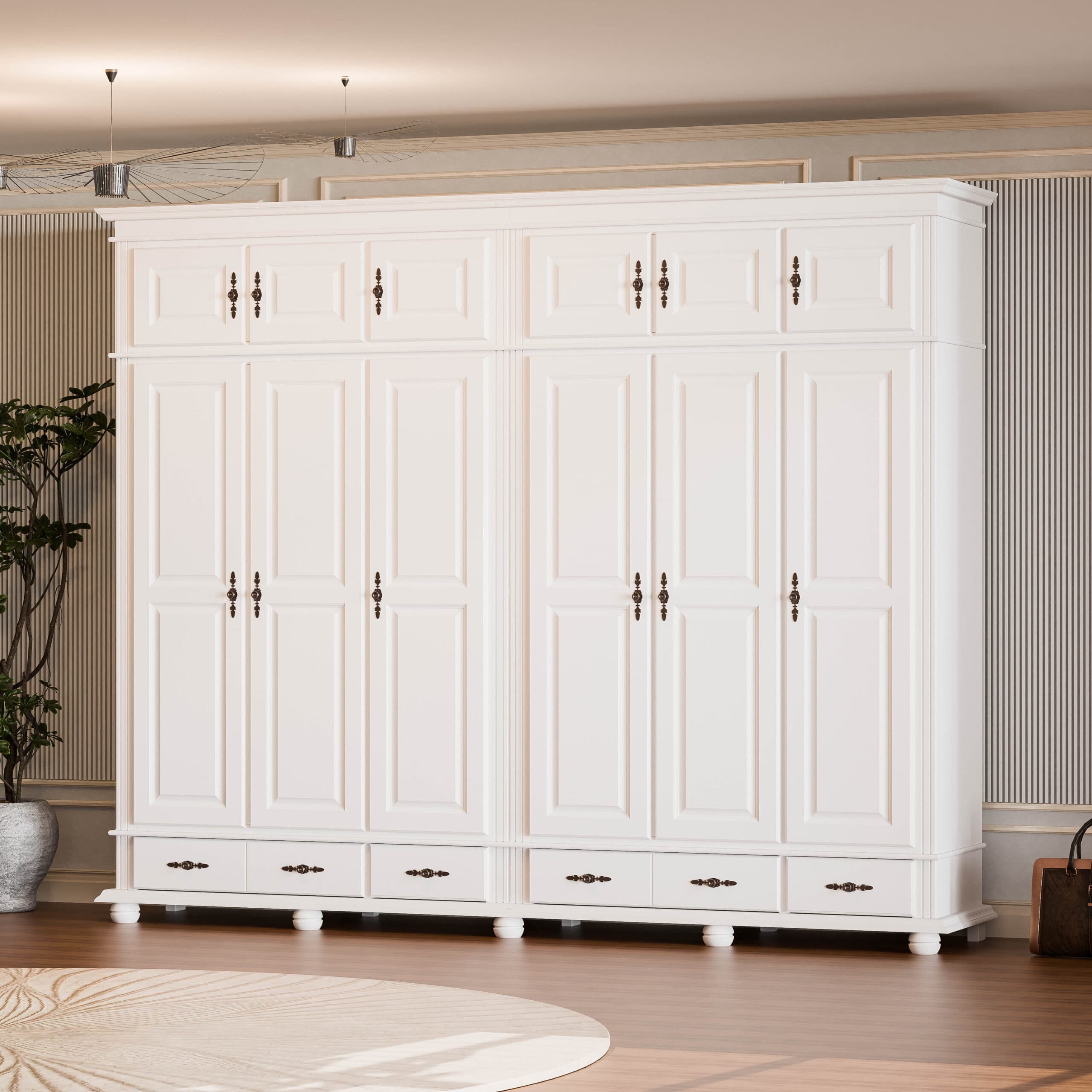 Armoire Nordby en bois massif à 6 portes avec miroir, 260 cm