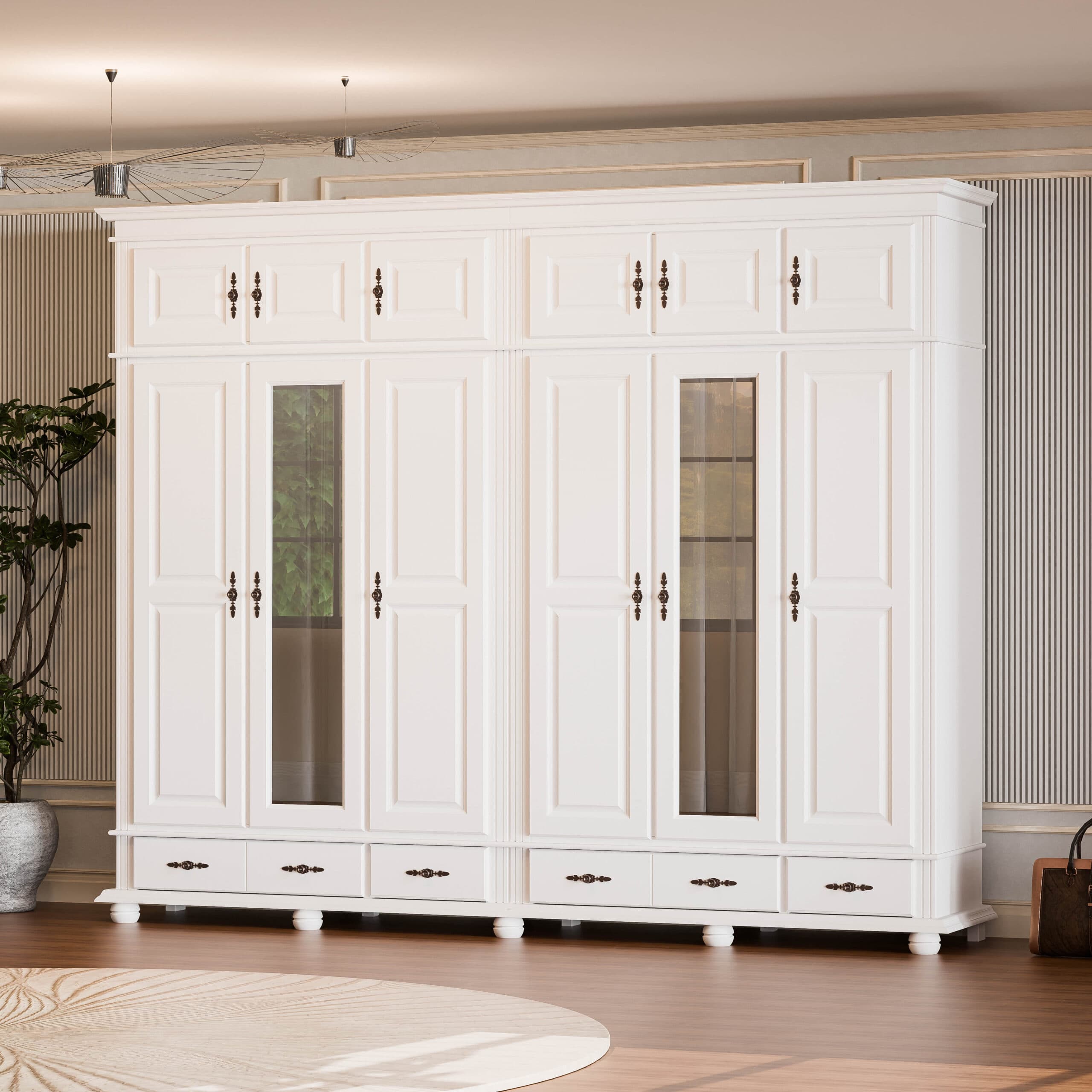 Armoire Nordby en bois massif à 6 portes avec miroir, 260 cm