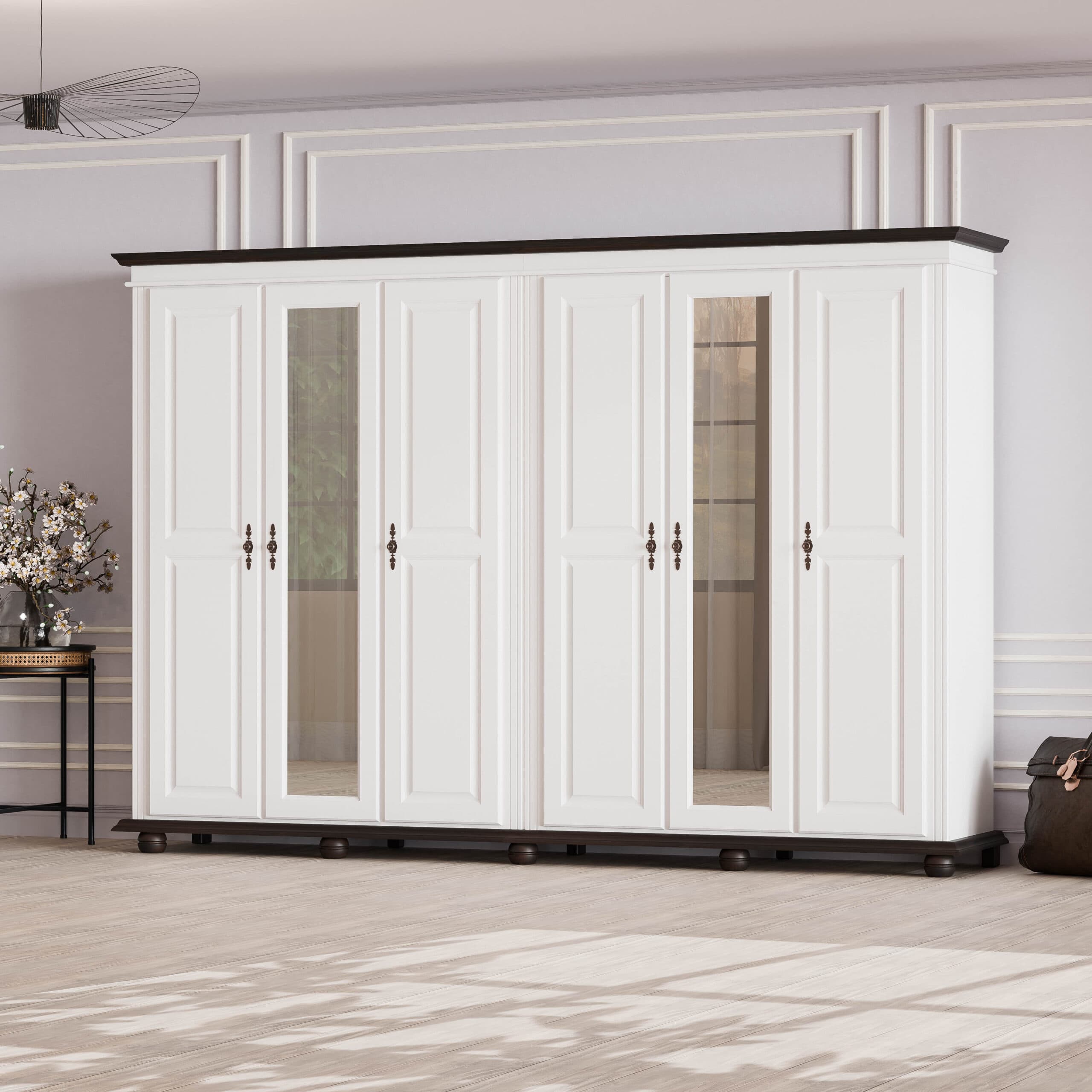 Armoire en bois massif Nordby à 6 portes et miroir, sans tiroirs