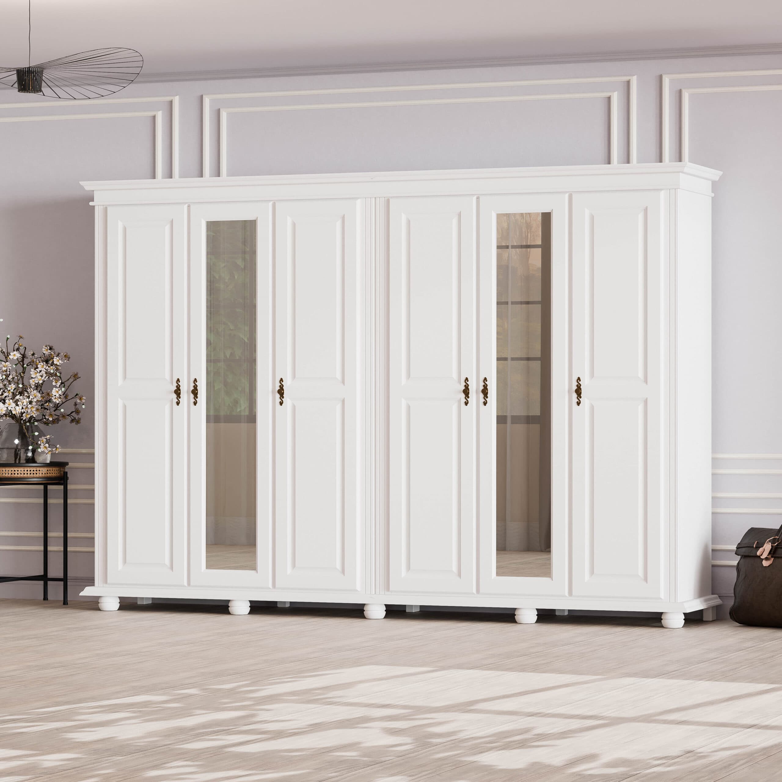 Armoire en bois massif Nordby à 6 portes et miroir, sans tiroirs