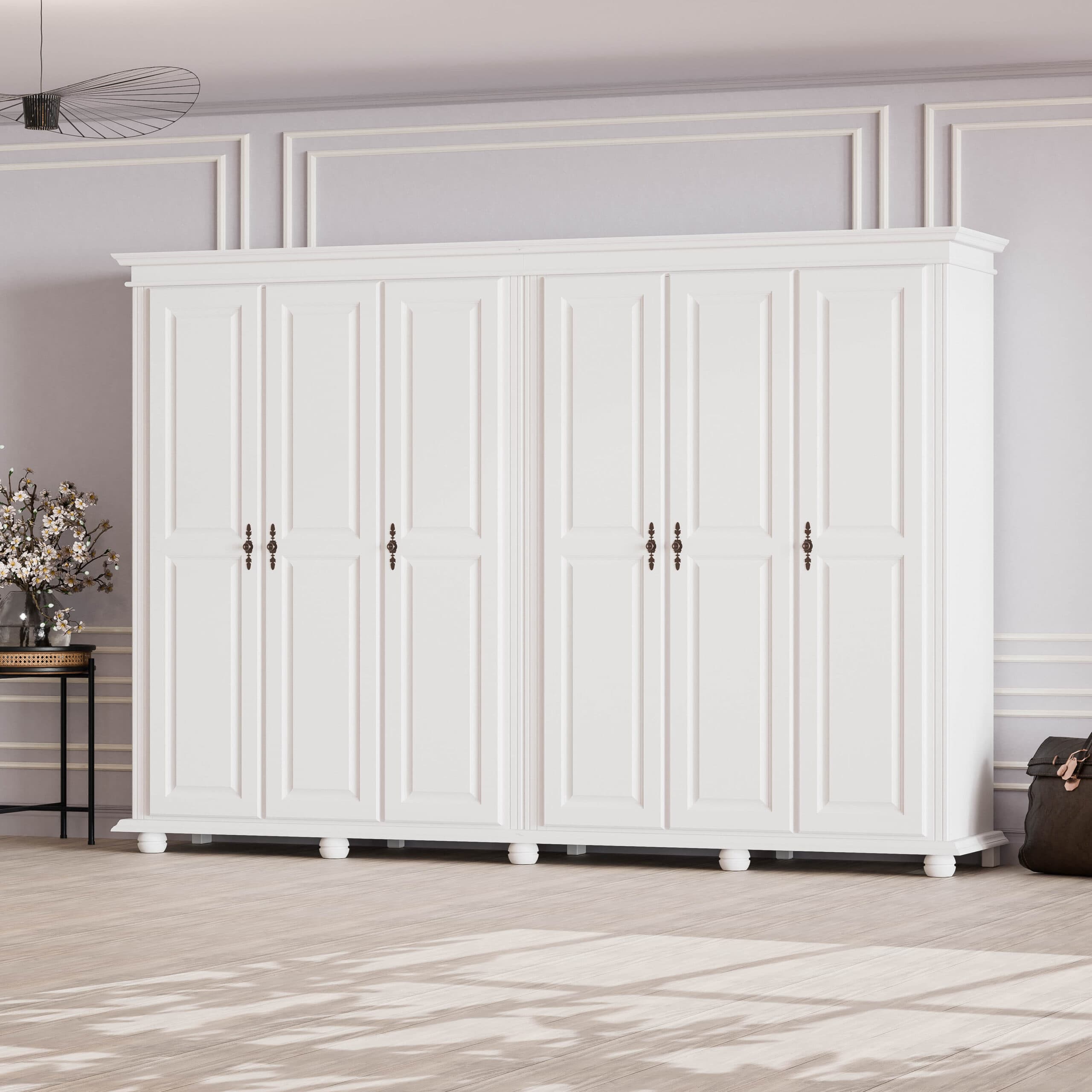Armoire en bois massif Nordby à 6 portes et miroir, sans tiroirs