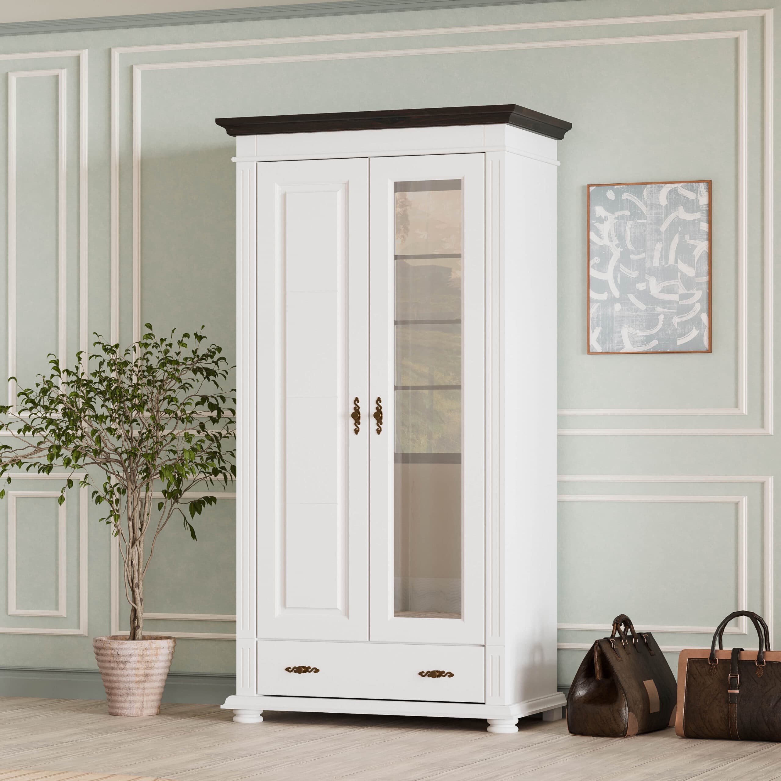 Armoire en bois massif « Skagen » à deux portes avec miroir