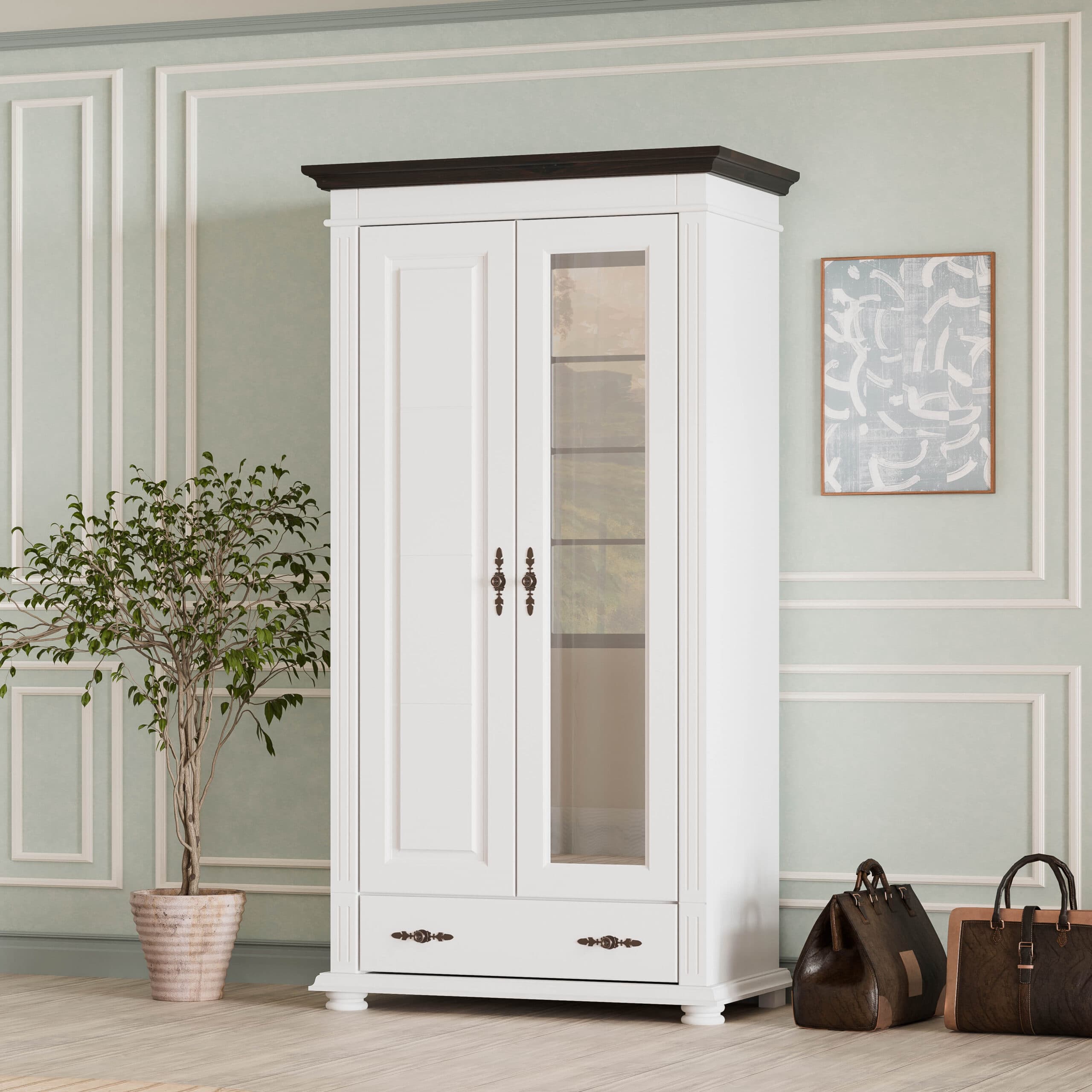 Armoire en bois massif « Skagen » à deux portes avec miroir