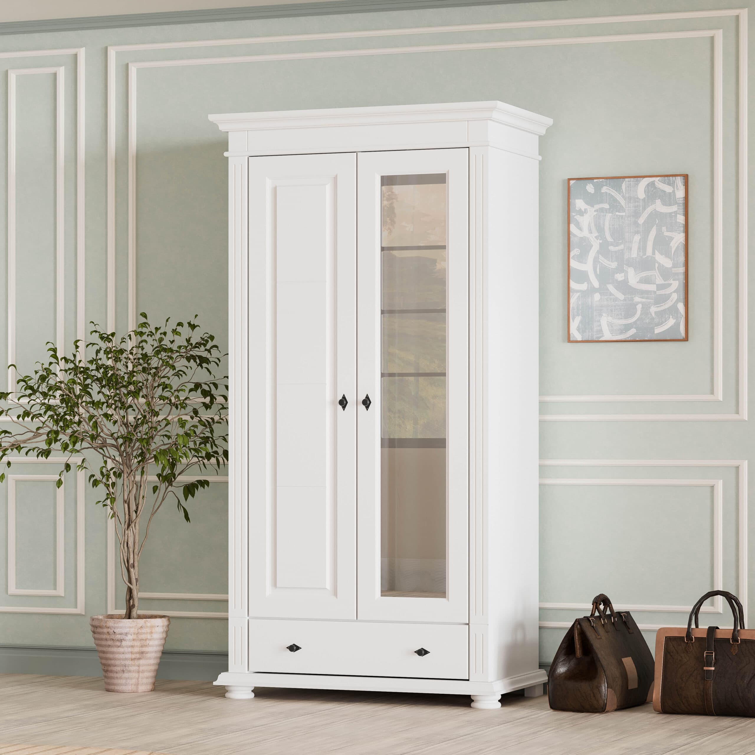 Armoire en bois massif « Skagen » à deux portes avec miroir