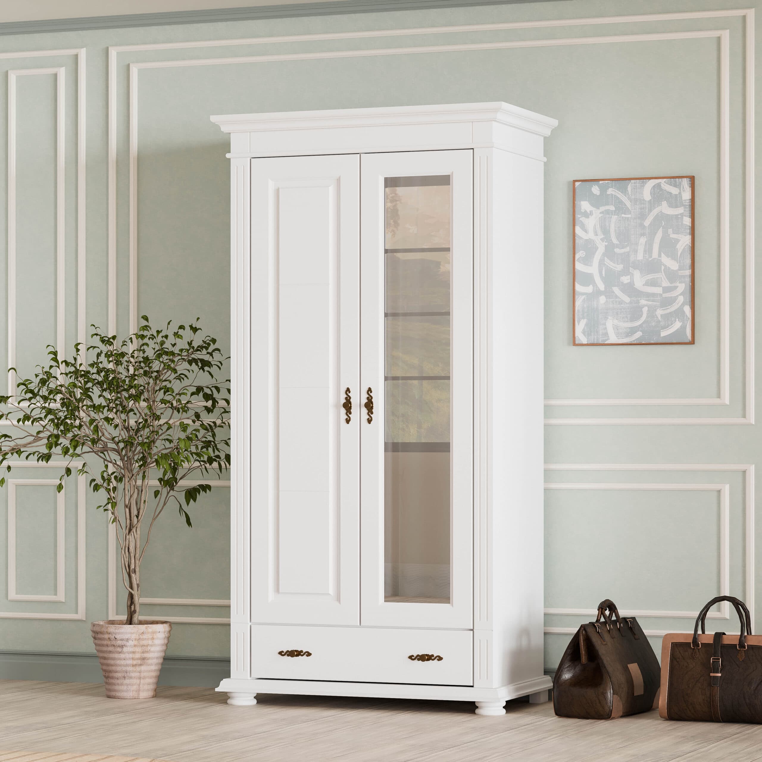 Armoire en bois massif « Skagen » à deux portes avec miroir
