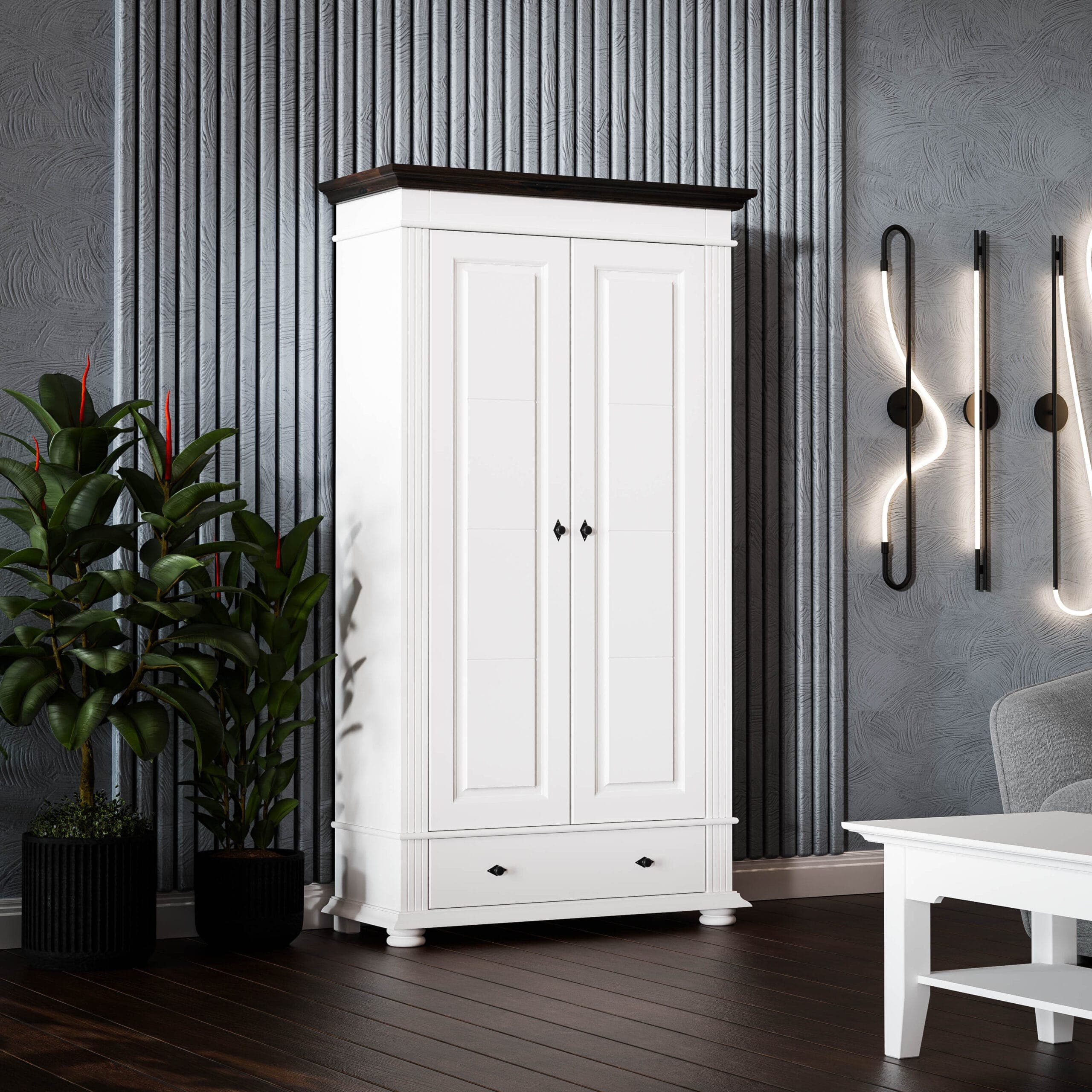 Armoire Skagen à deux portes en bois massif, couleur blanc antique