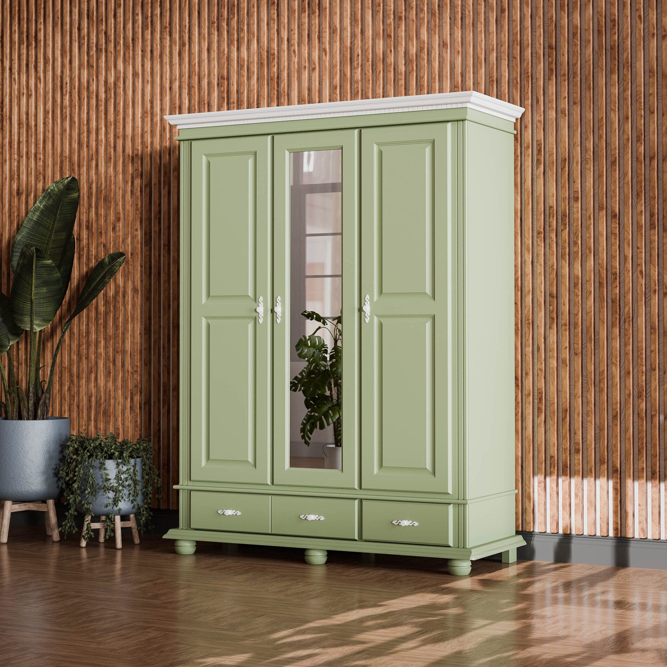 Armoire en bois massif « Fjord Salbei » à 3 portes, offrant un grand espace de rangement