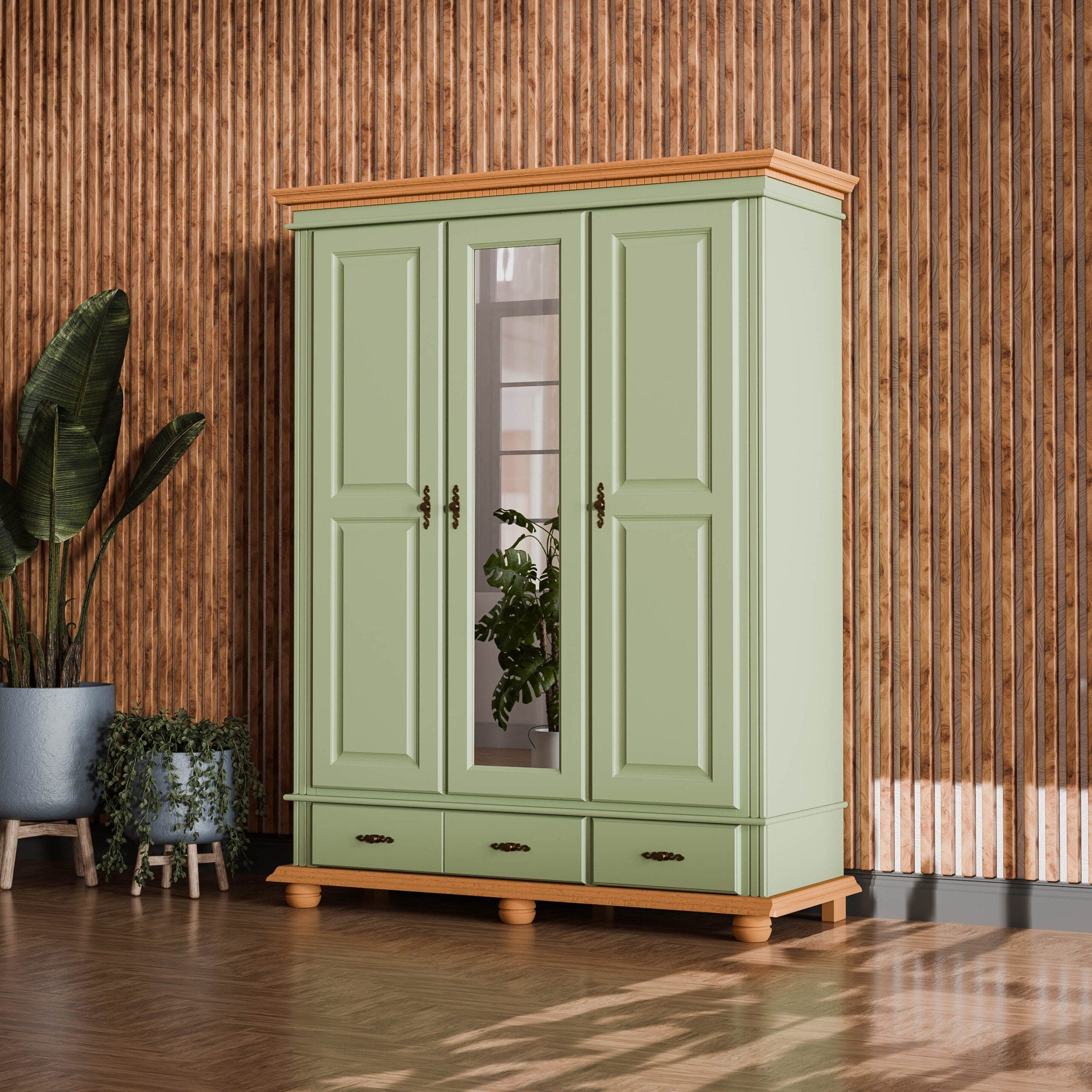 Armoire en bois massif « Fjord Salbei » à 3 portes, offrant un grand espace de rangement