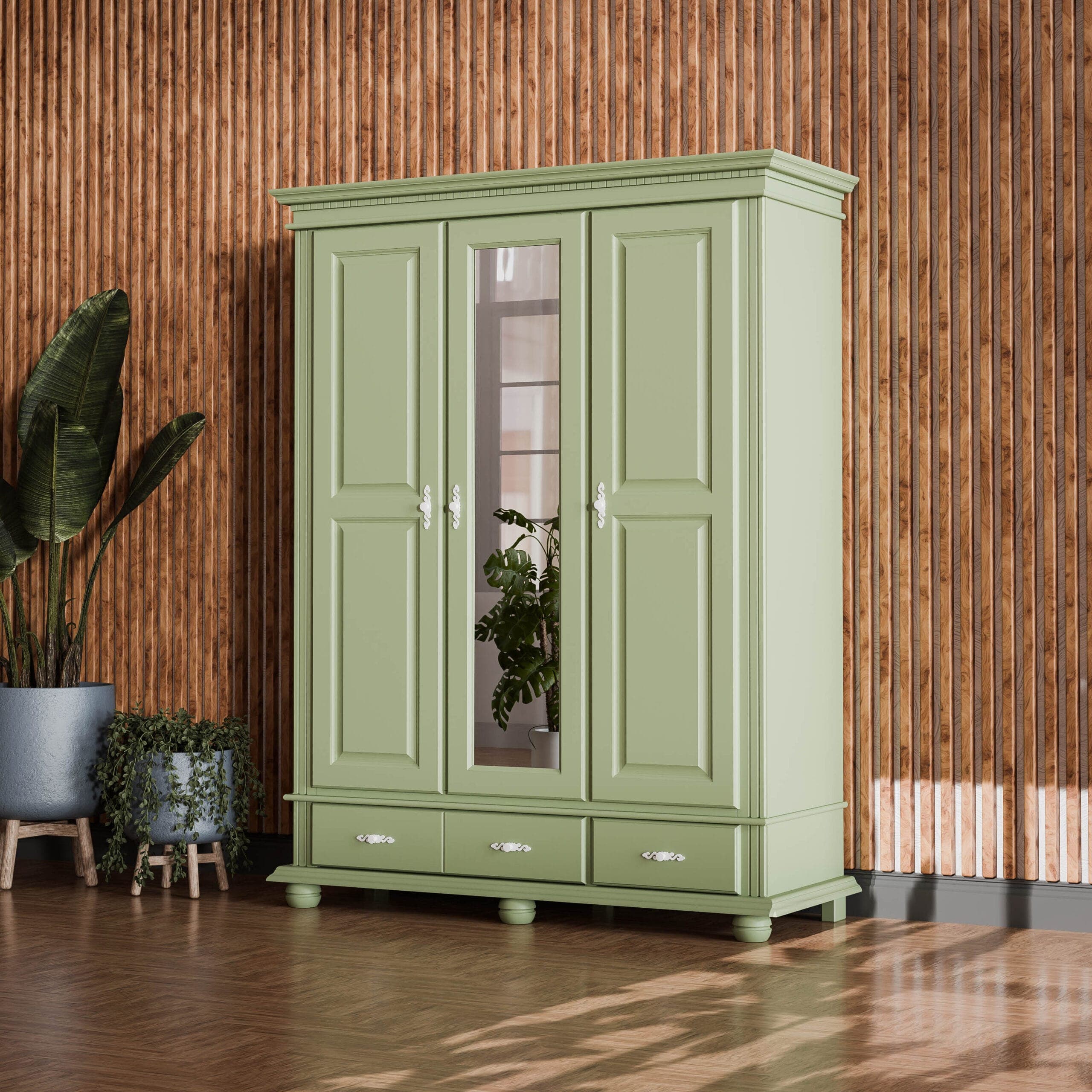Armoire en bois massif « Fjord Salbei » à 3 portes, offrant un grand espace de rangement