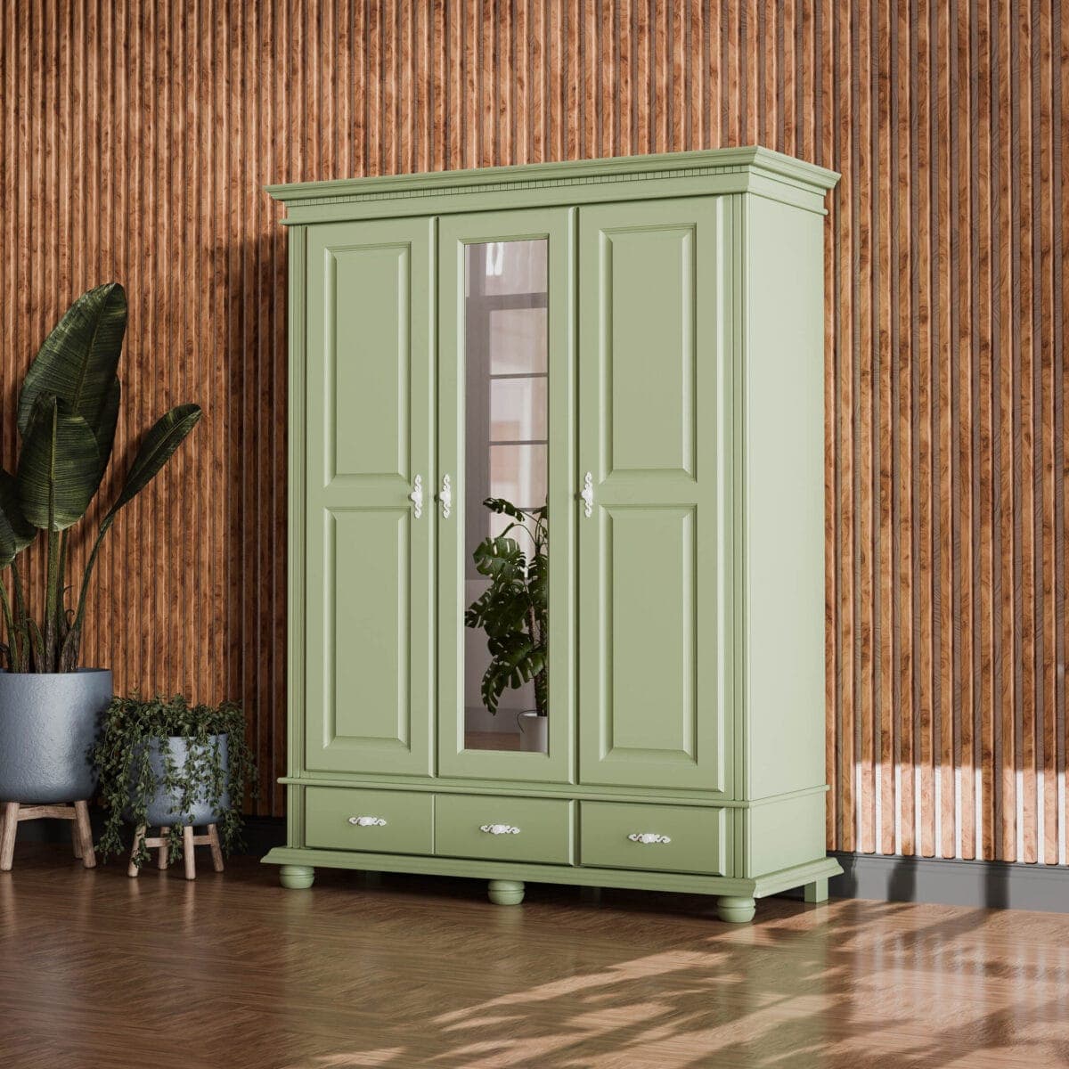 Armoire en bois massif « Fjord Salbei » à 3 portes, offrant un grand espace de rangement