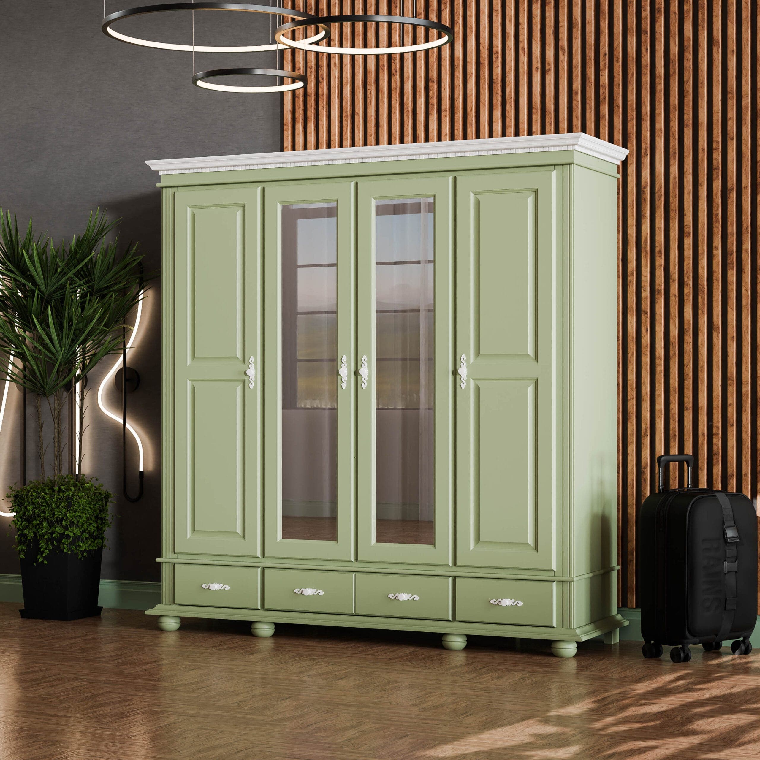 Armoire en bois massif Fjord Sauge, 4 portes, 3 tiroirs