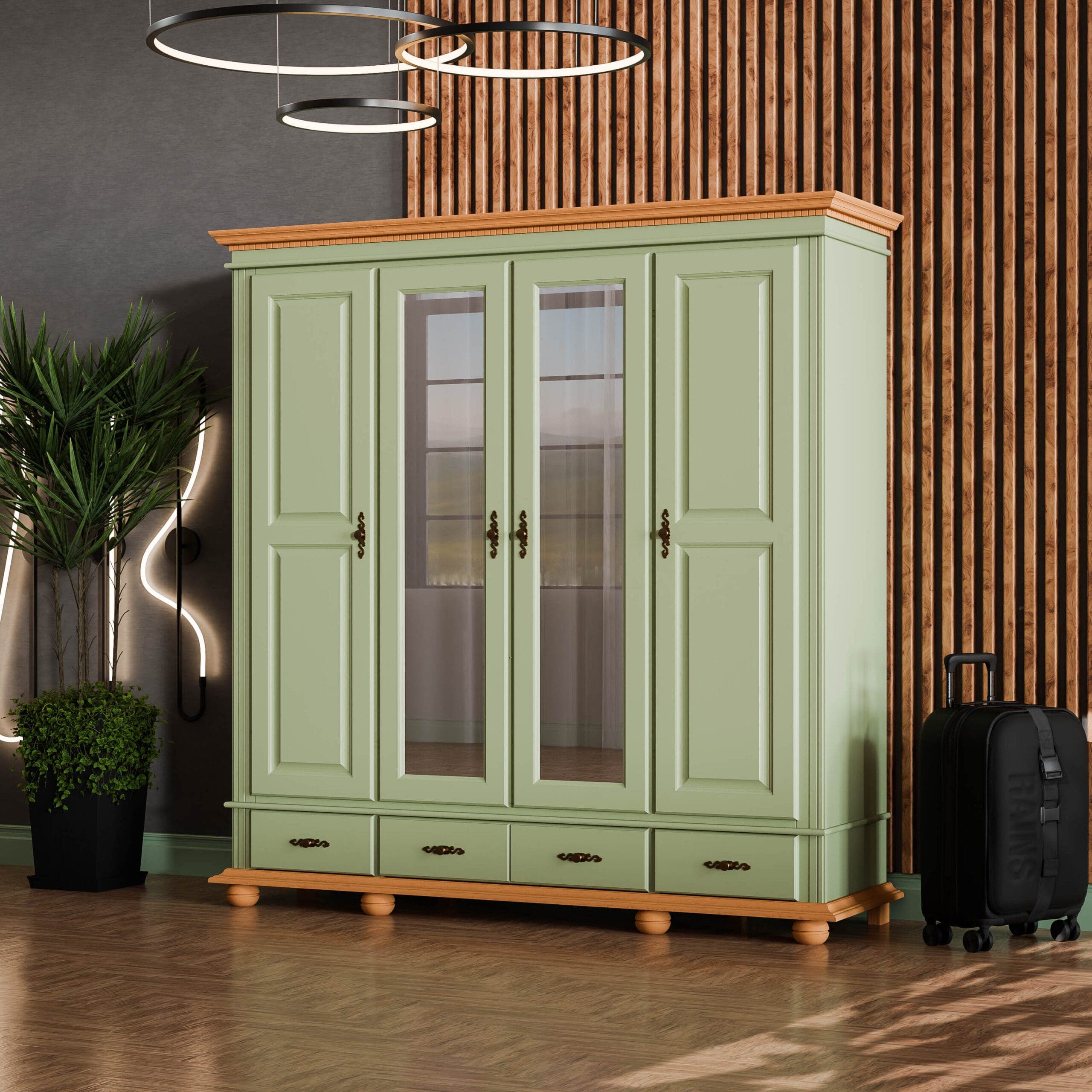 Armoire en bois massif Fjord Sauge, 4 portes, 3 tiroirs