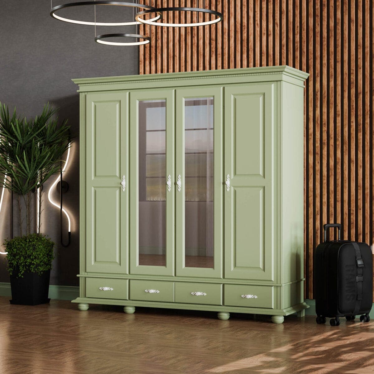 Armoire en bois massif Fjord Sauge, 4 portes, 3 tiroirs