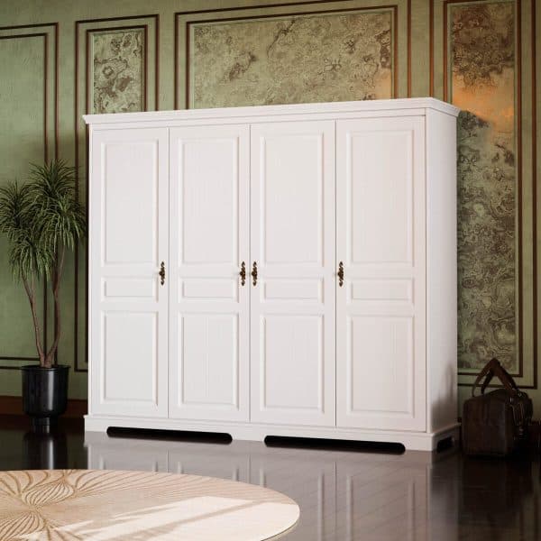 Armoire en bois massif « Linnea » à 4 portes, couleur blanc beurre