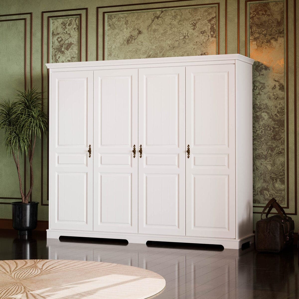 Armoire en bois massif « Linnea » à 4 portes, couleur blanc beurre