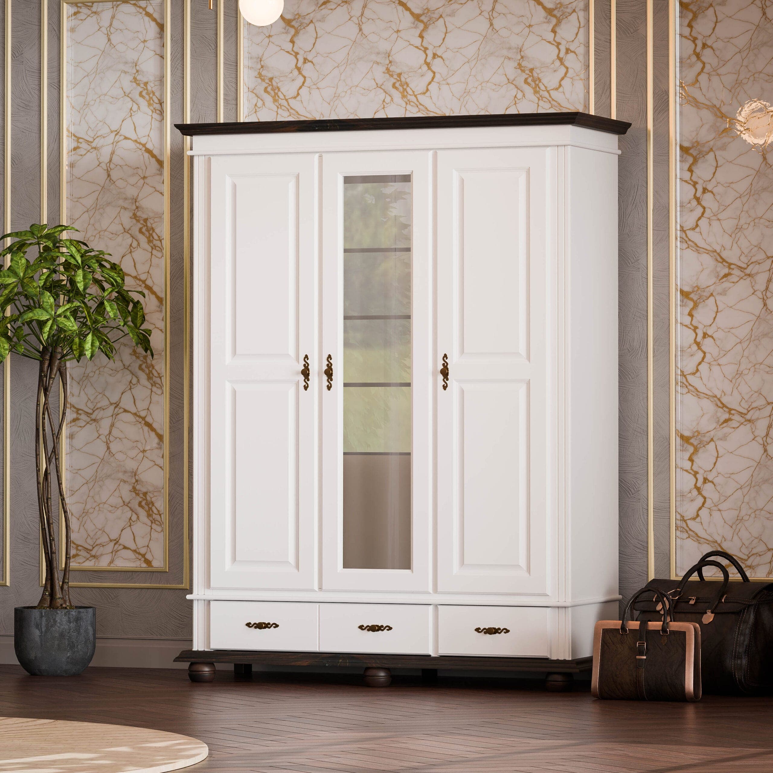 Armoire en bois massif Nordby, 3 portes, 2 tiroirs