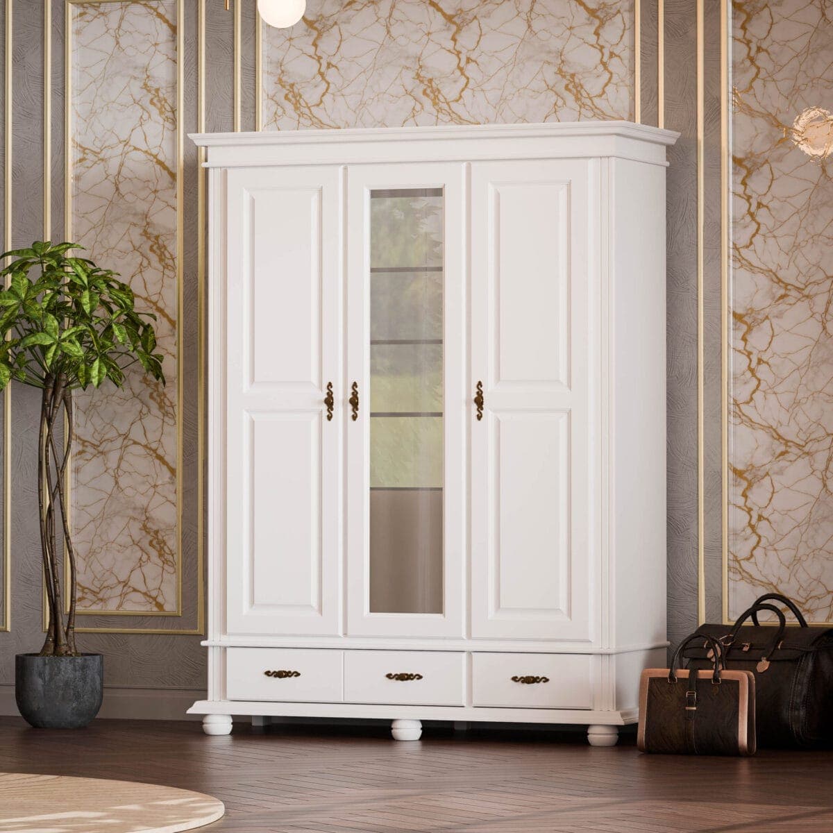 Armoire en bois massif Nordby, 3 portes, 2 tiroirs
