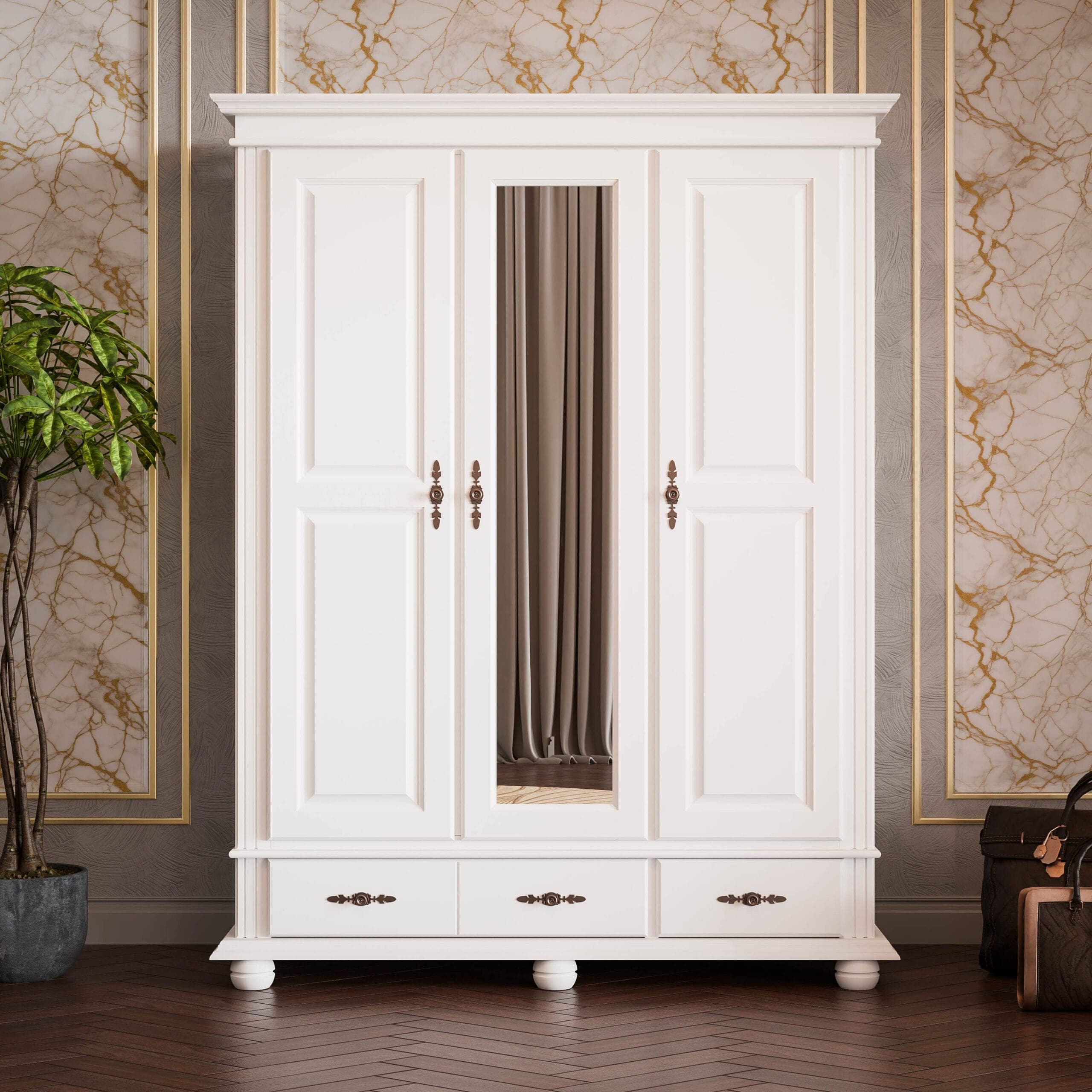 Armoire en bois massif Nordby, 3 portes, 2 tiroirs