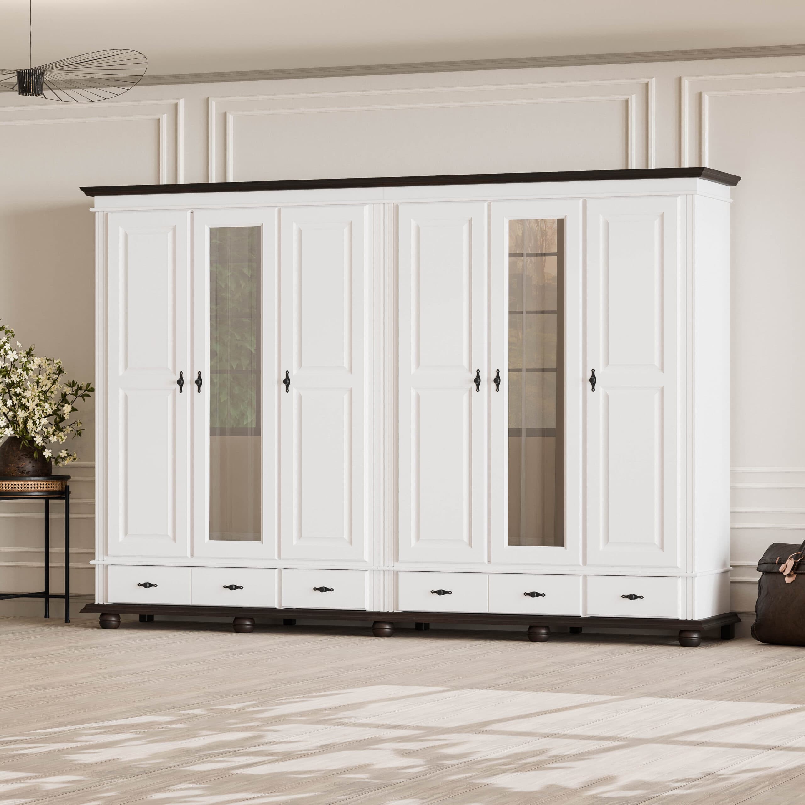 Armoire en bois massif Nordby avec 6 portes, des tiroirs et un miroir