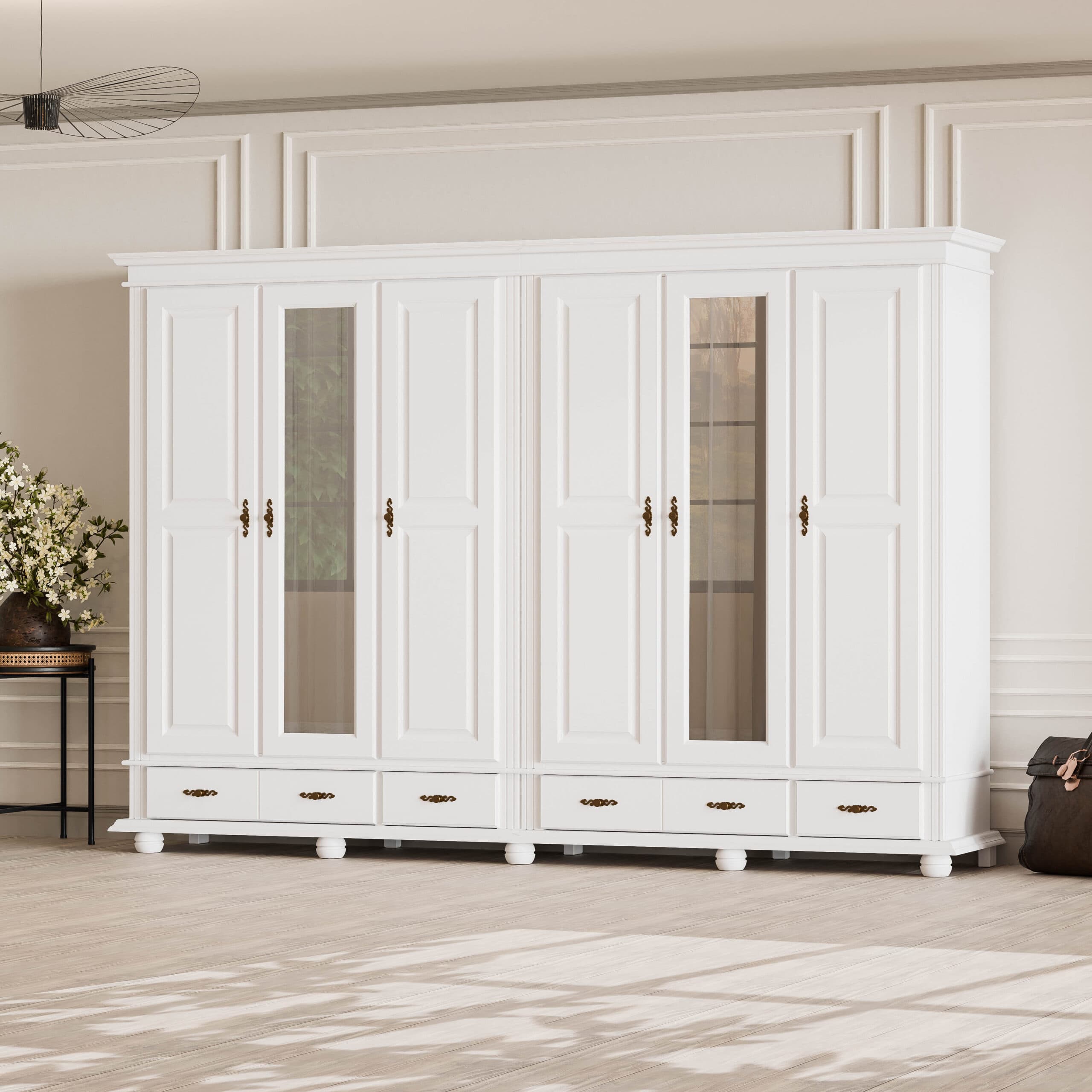 Armoire en bois massif Nordby avec 6 portes, des tiroirs et un miroir