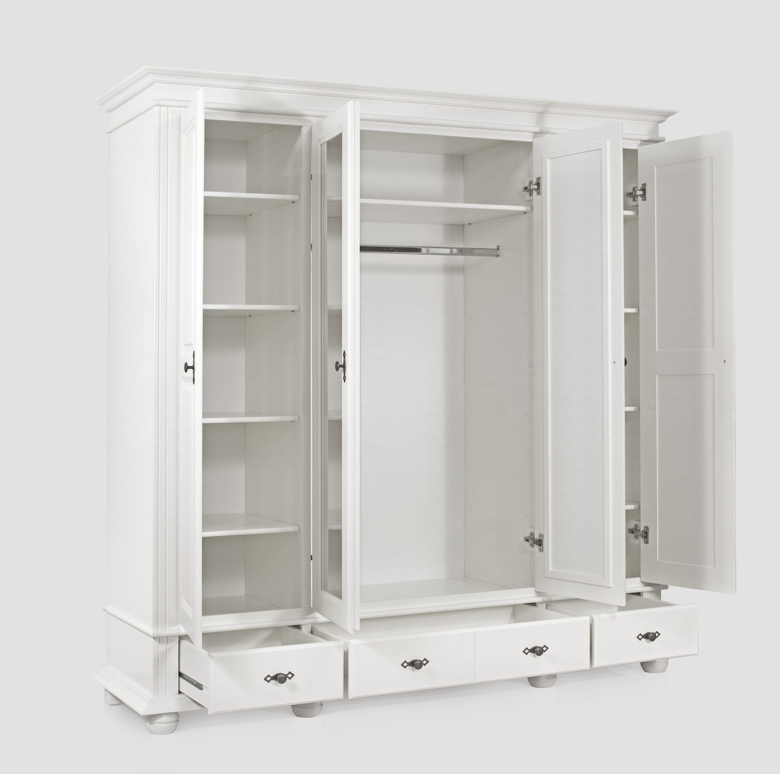 Armoire en bois massif Nordby, 4 portes avec tiroirs, beige poudré