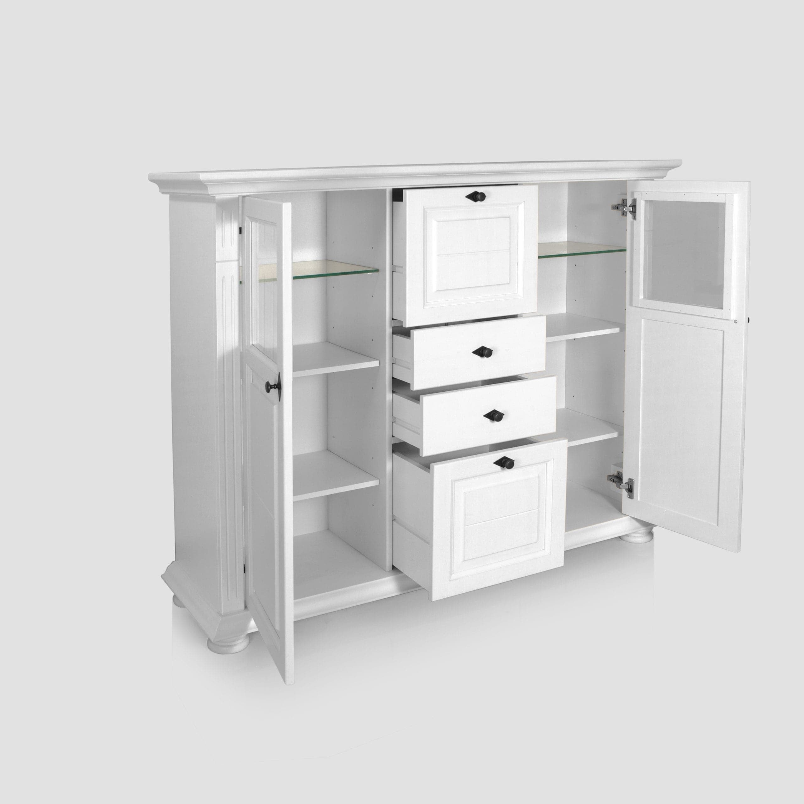 Commode Skagen au design moderne, dotée d'étagères en verre, couleur anthracite