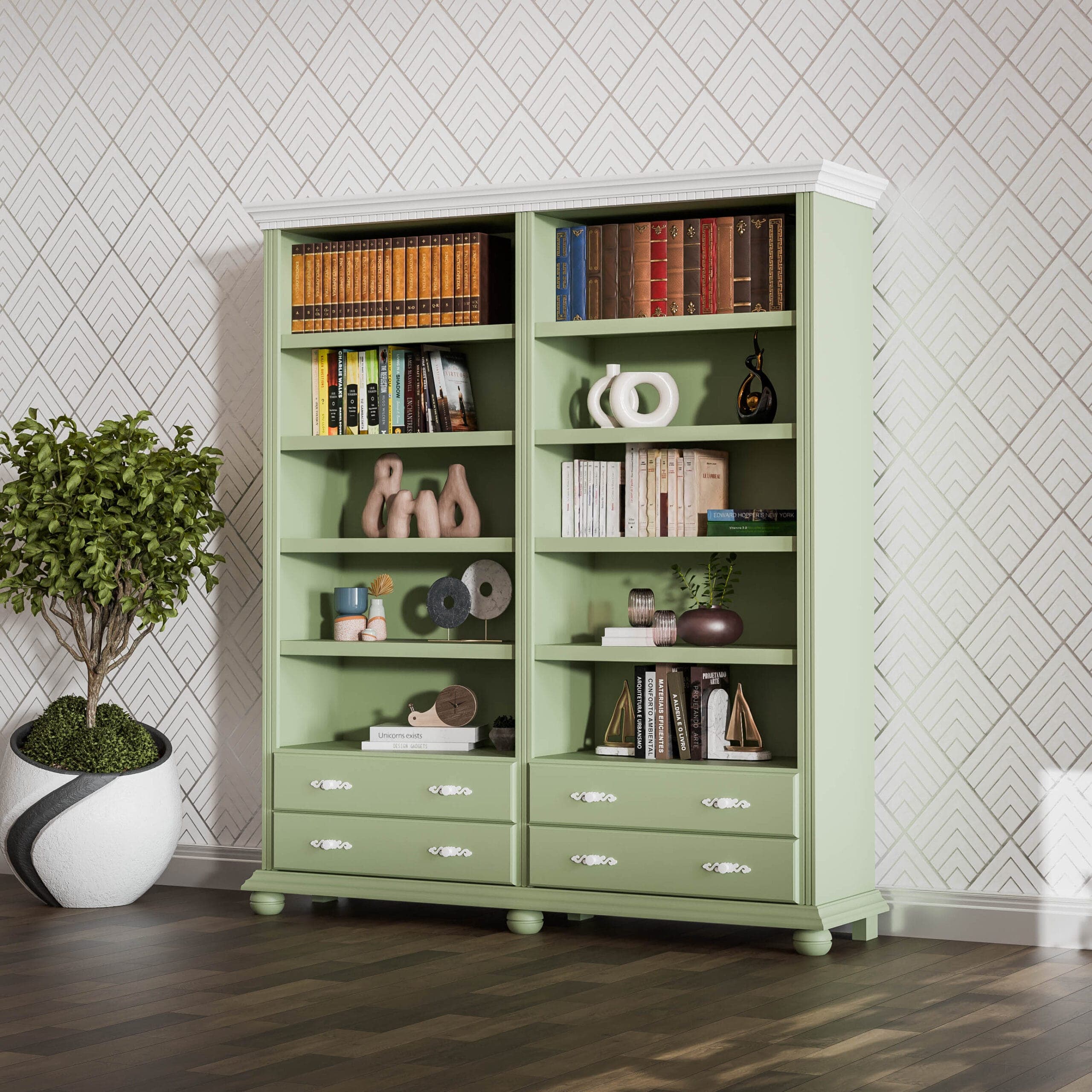 Étagère double « Fjord » en bois de sapin massif, couleur sauge