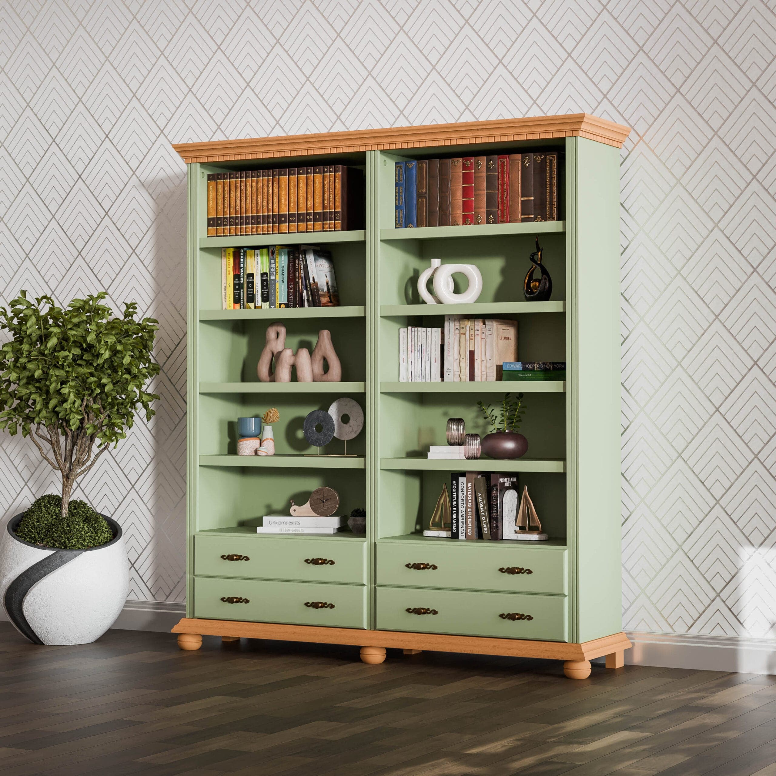 Étagère double « Fjord » en bois de sapin massif, couleur sauge