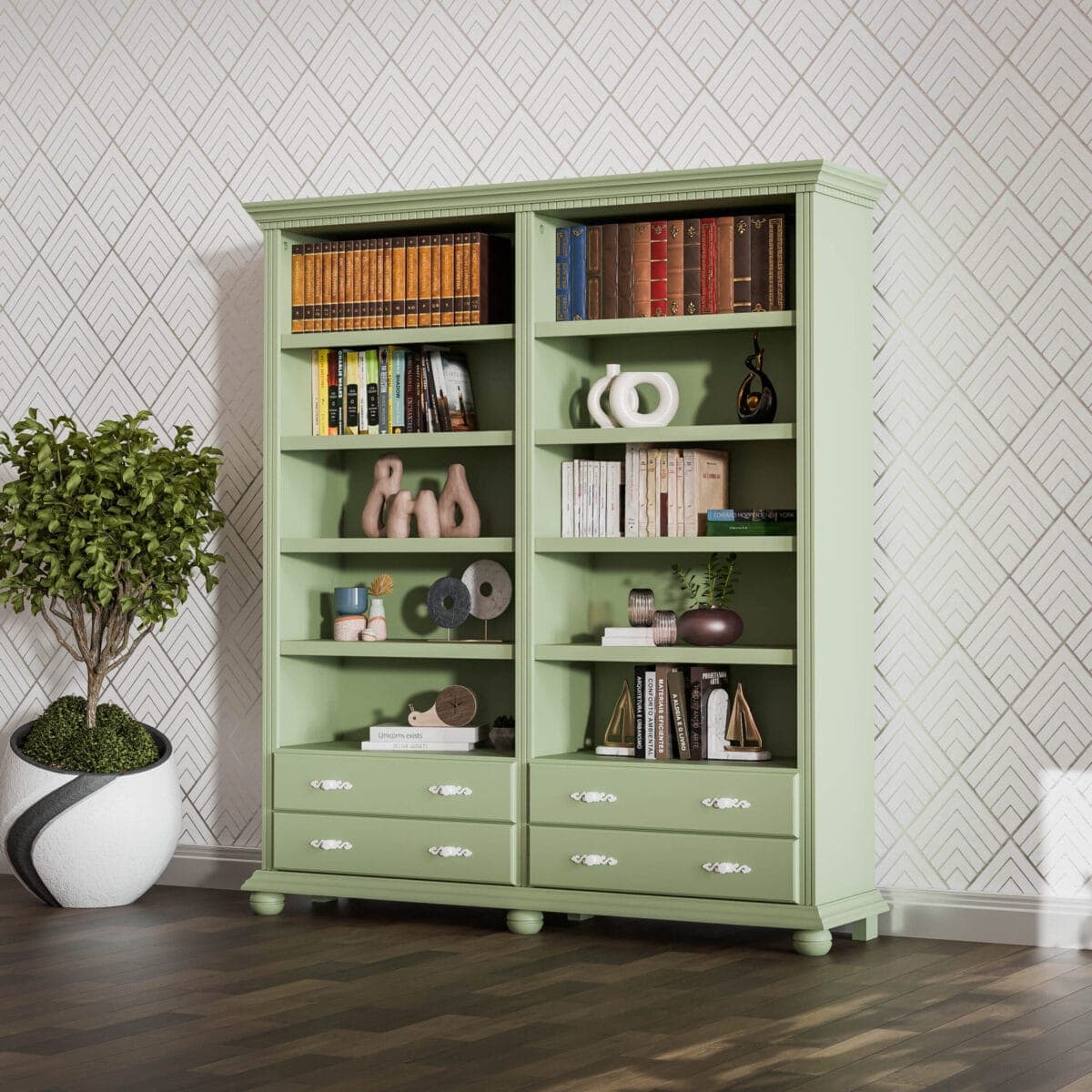 Étagère double « Fjord » en bois de sapin massif, couleur sauge