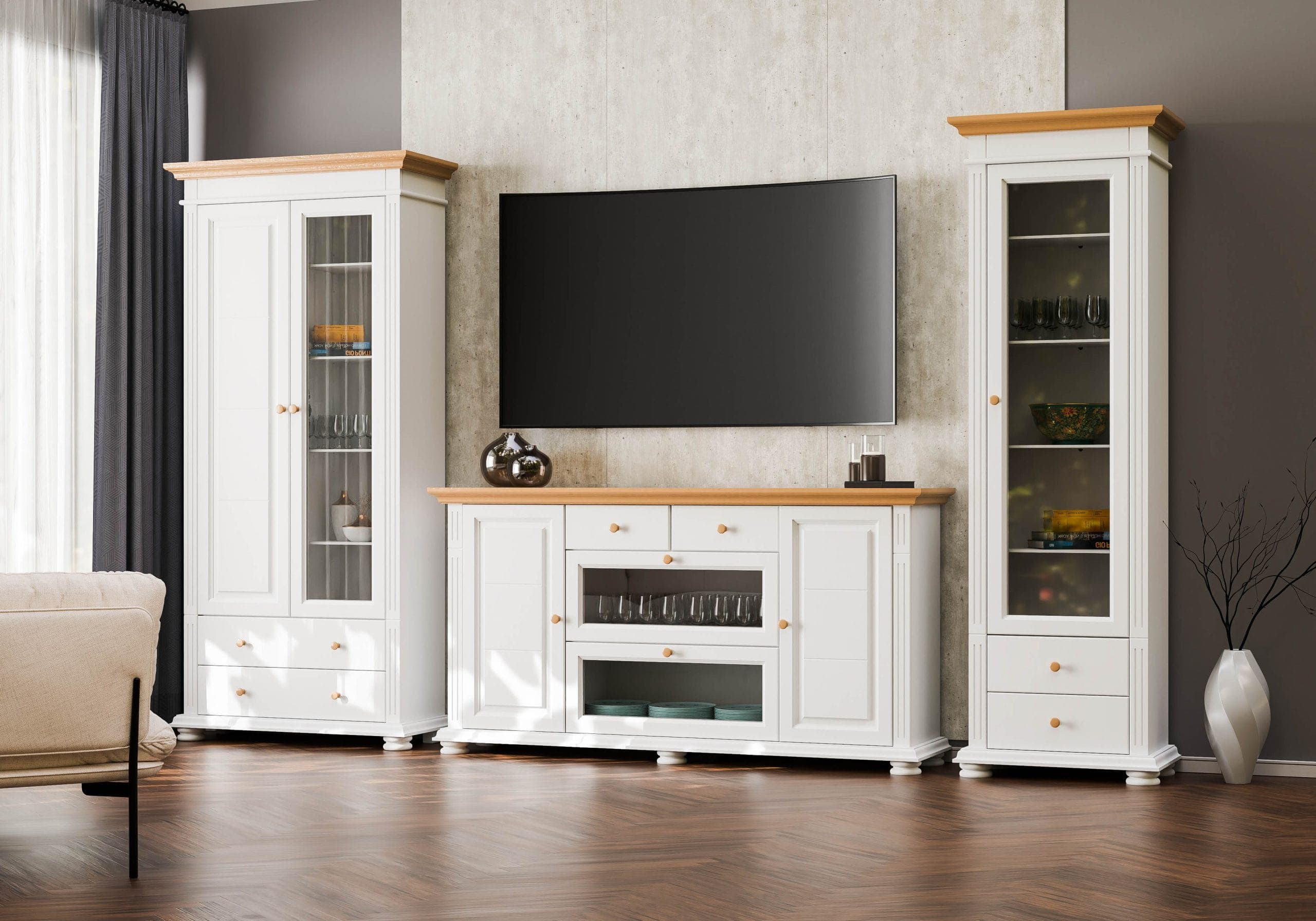 Salon Skagen 6 en bois massif avec une grande vitrine