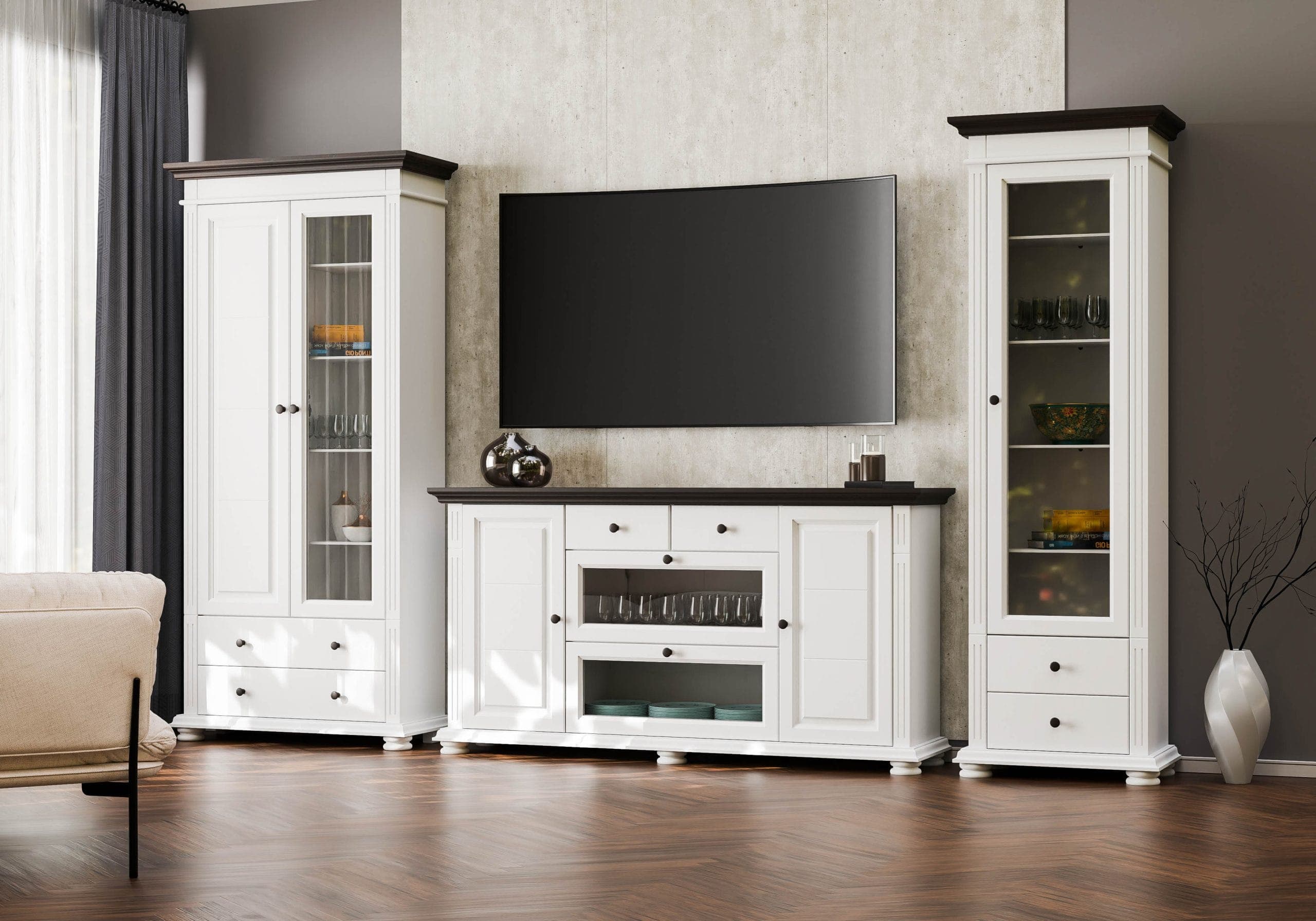Salon Skagen 6 en bois massif avec une grande vitrine