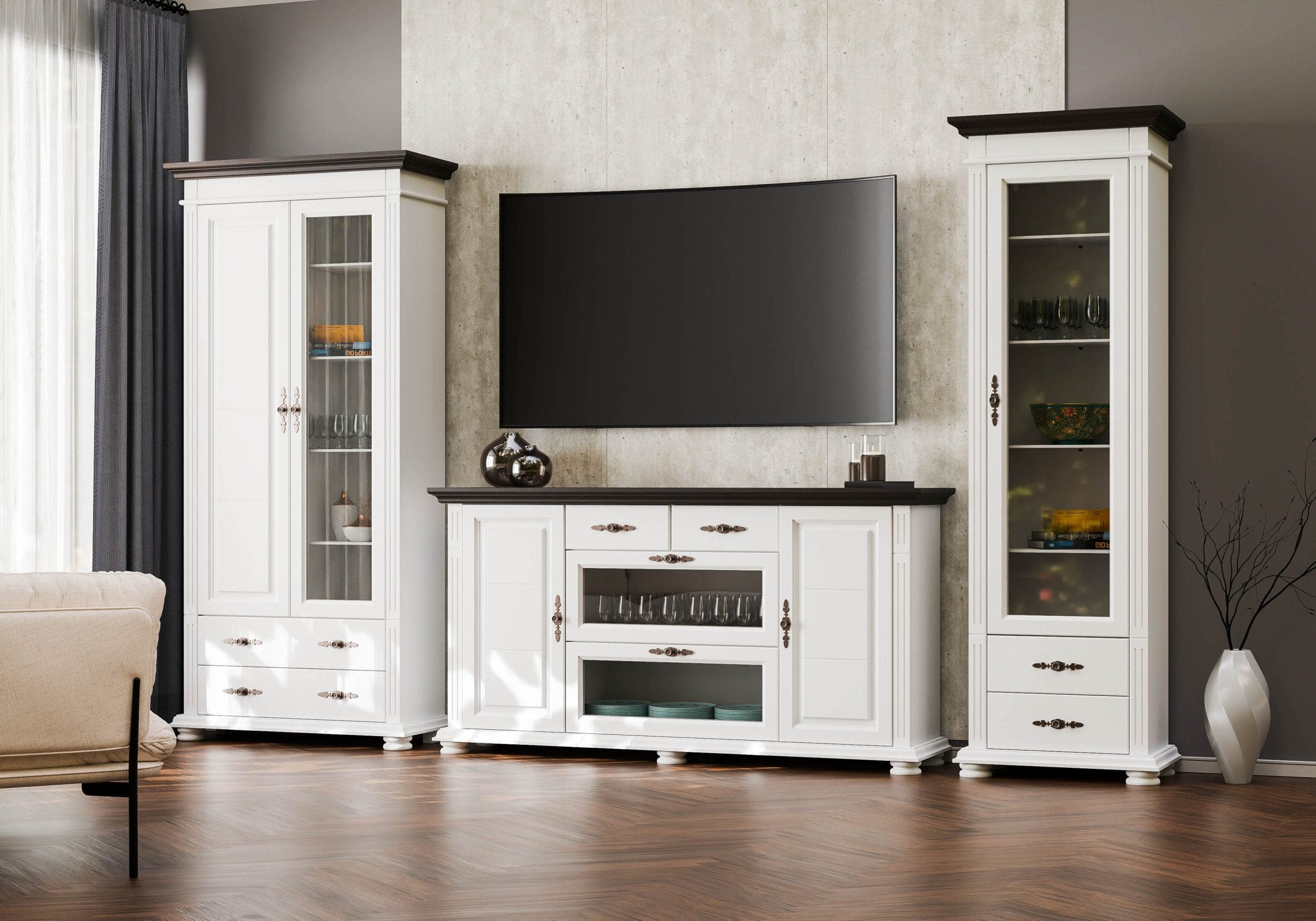 Salon Skagen 6 en bois massif avec une grande vitrine