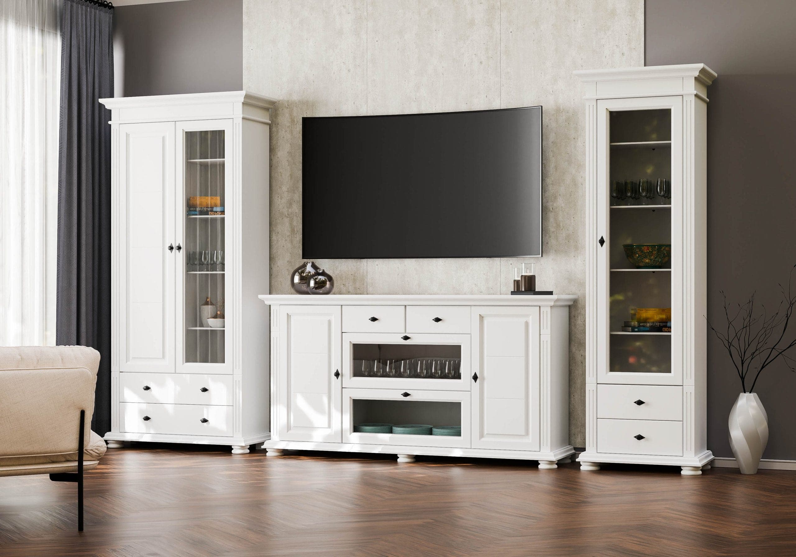 Salon Skagen 6 en bois massif avec une grande vitrine