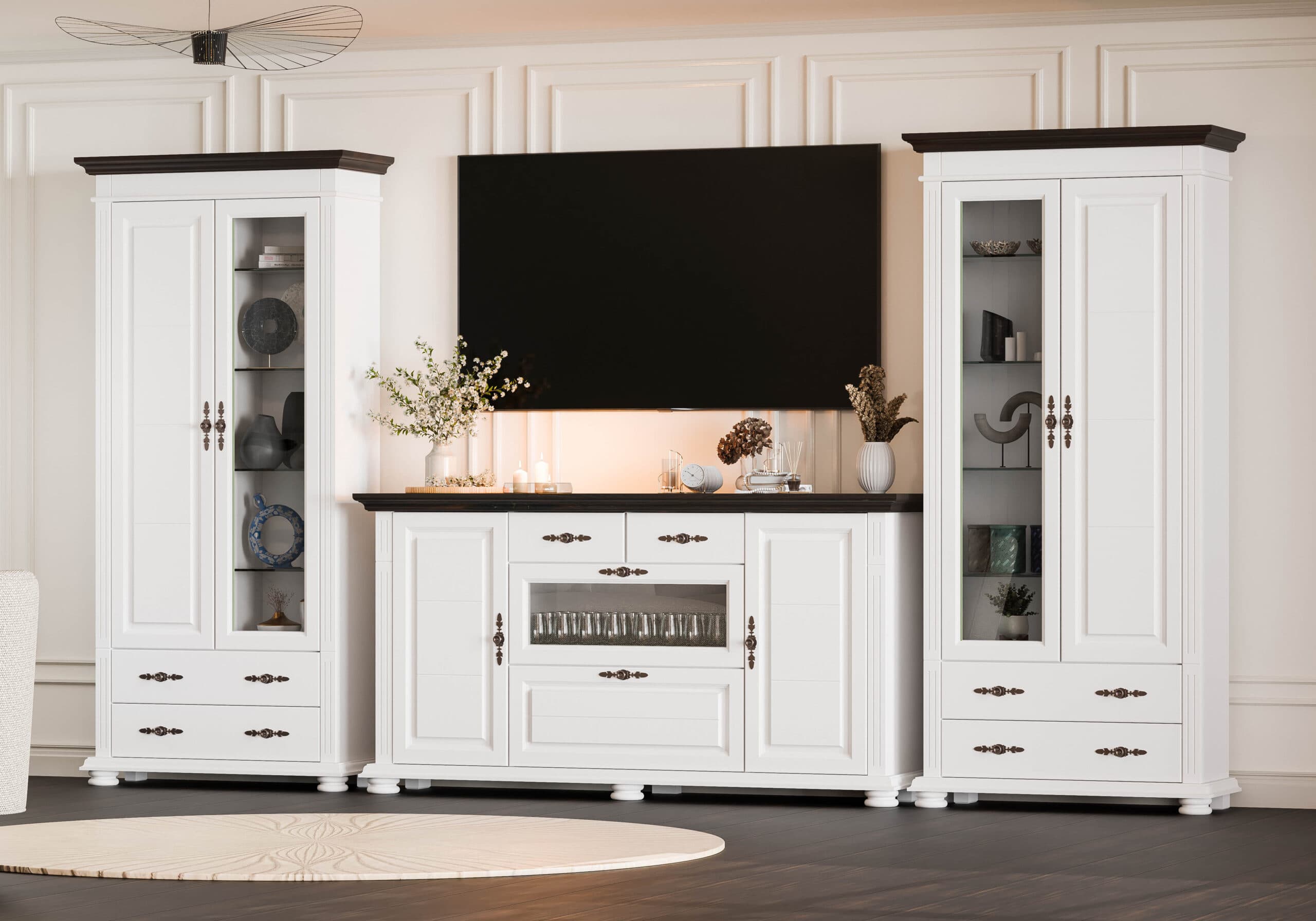 Salon « Skagen » en bois massif avec 2 vitrines et une commode