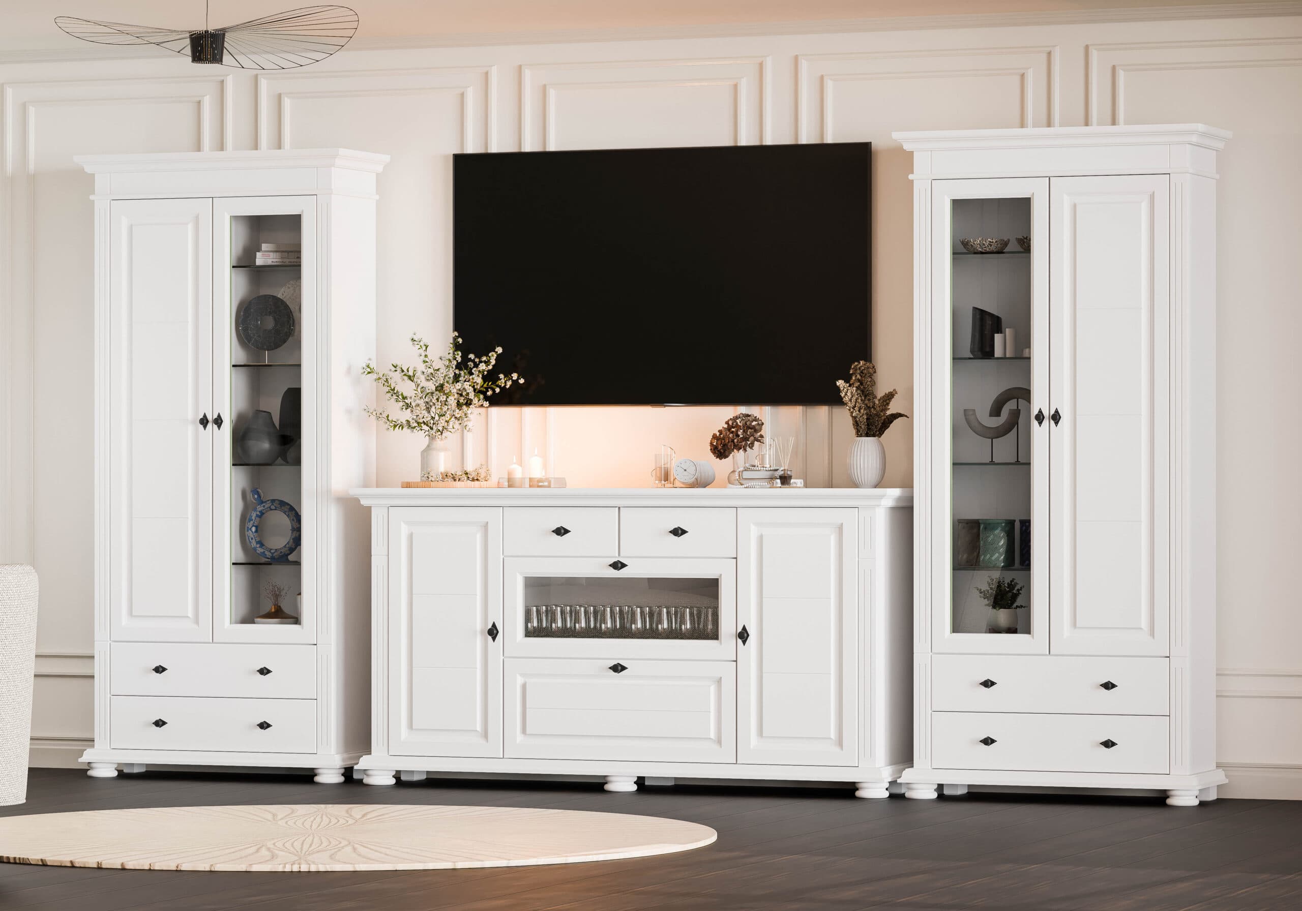 Salon « Skagen » en bois massif avec 2 vitrines et une commode