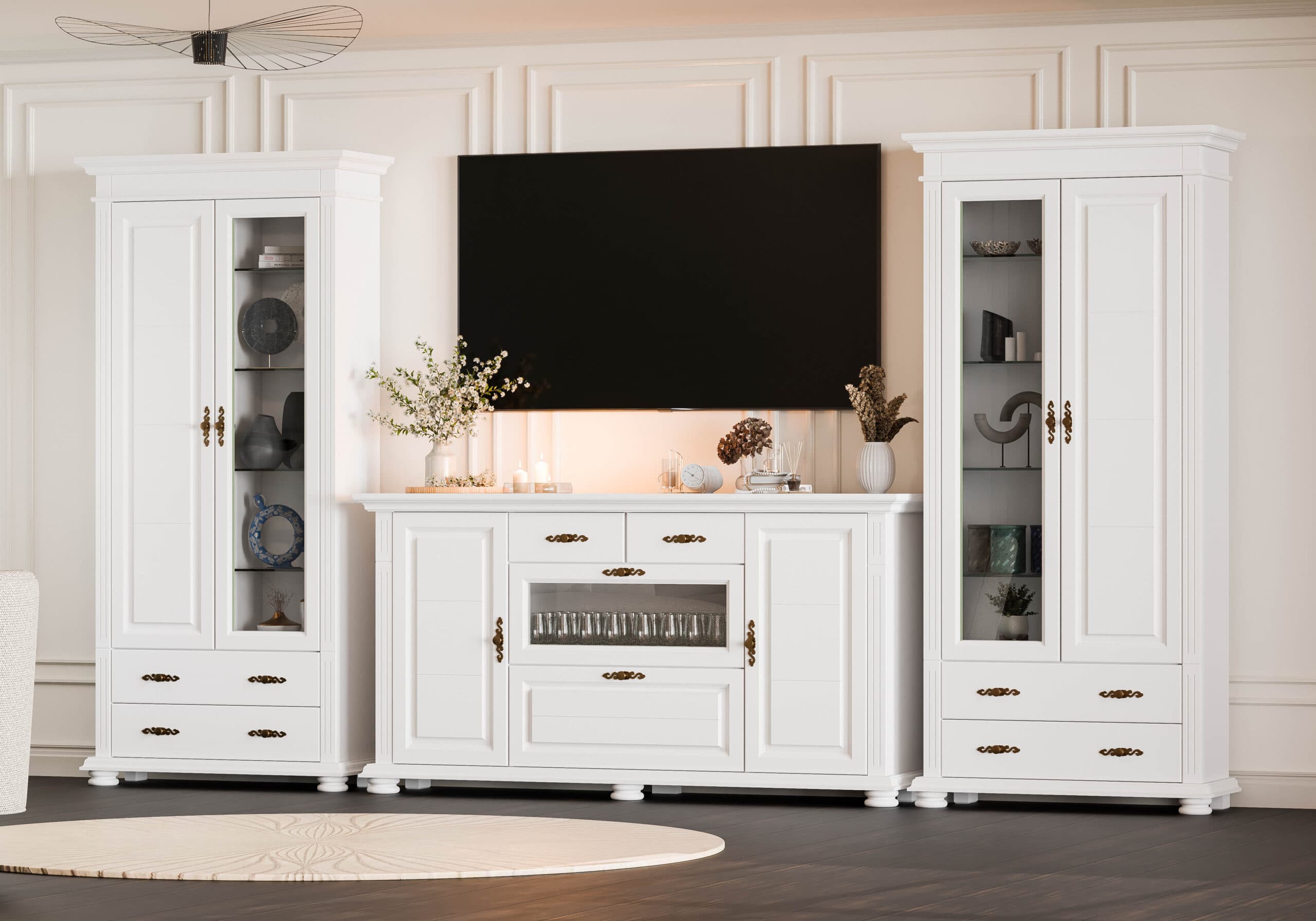 Salon « Skagen » en bois massif avec 2 vitrines et une commode