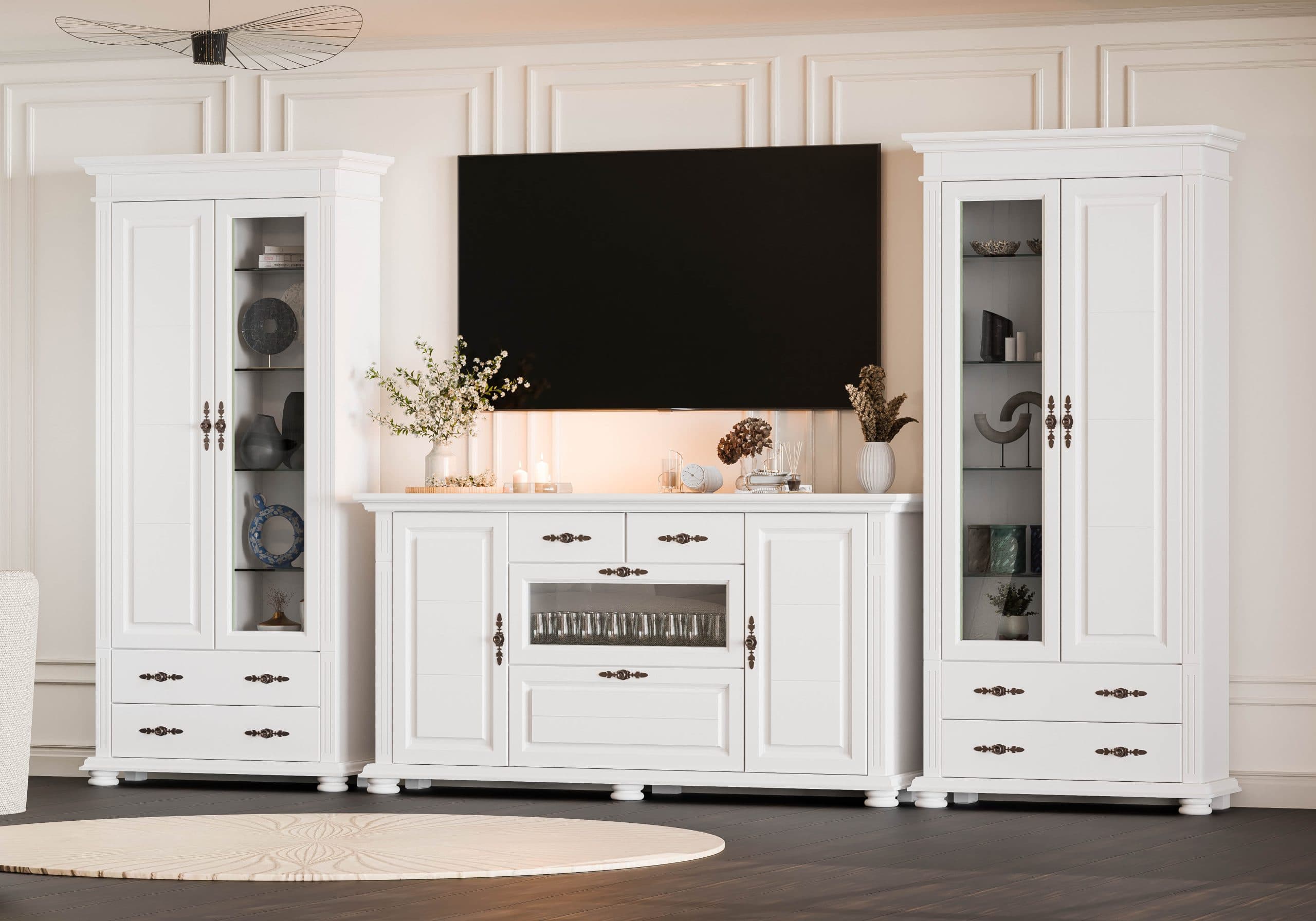 Salon « Skagen » en bois massif avec 2 vitrines et une commode