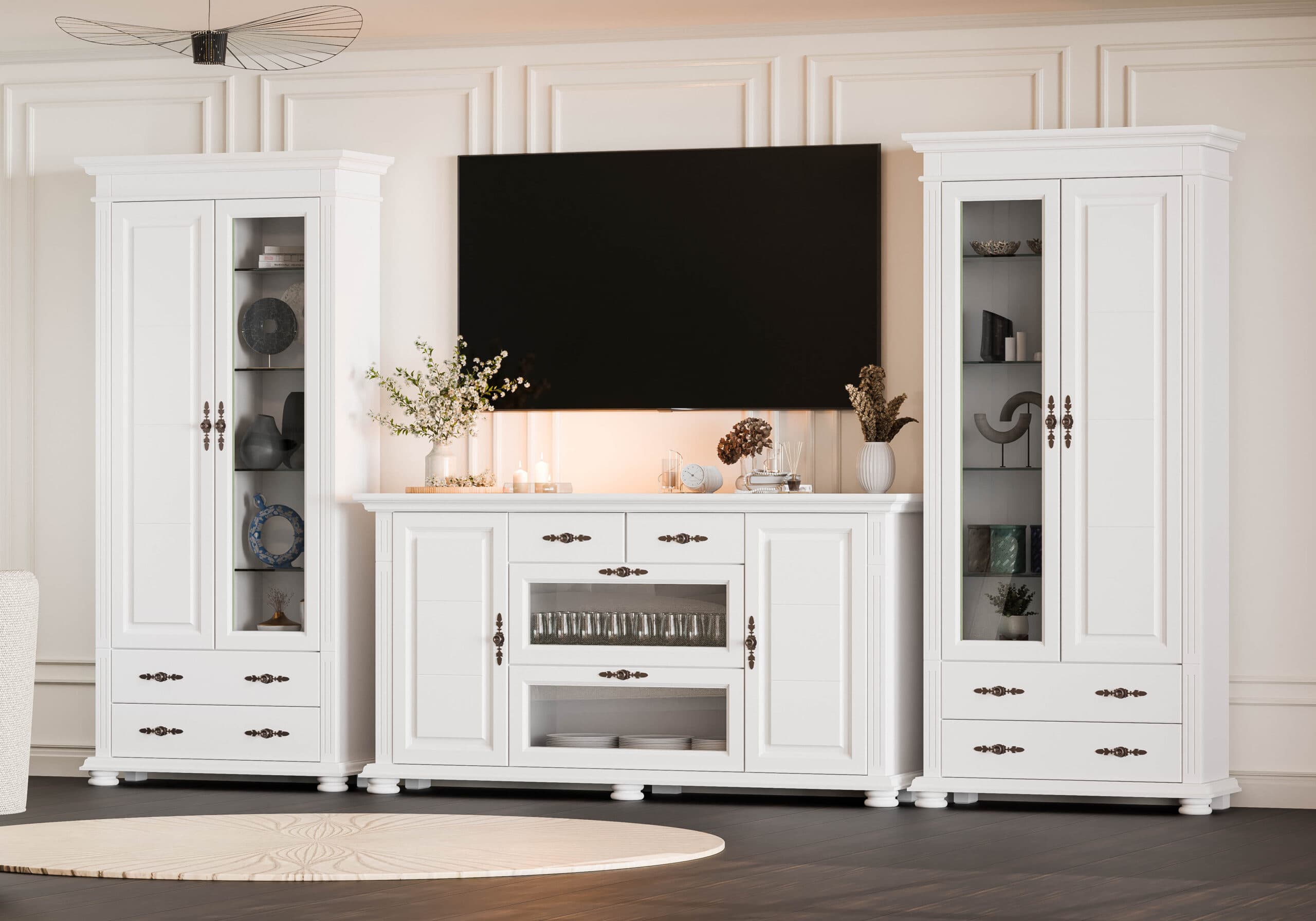 Salon « Skagen » en bois massif avec 2 vitrines et une commode