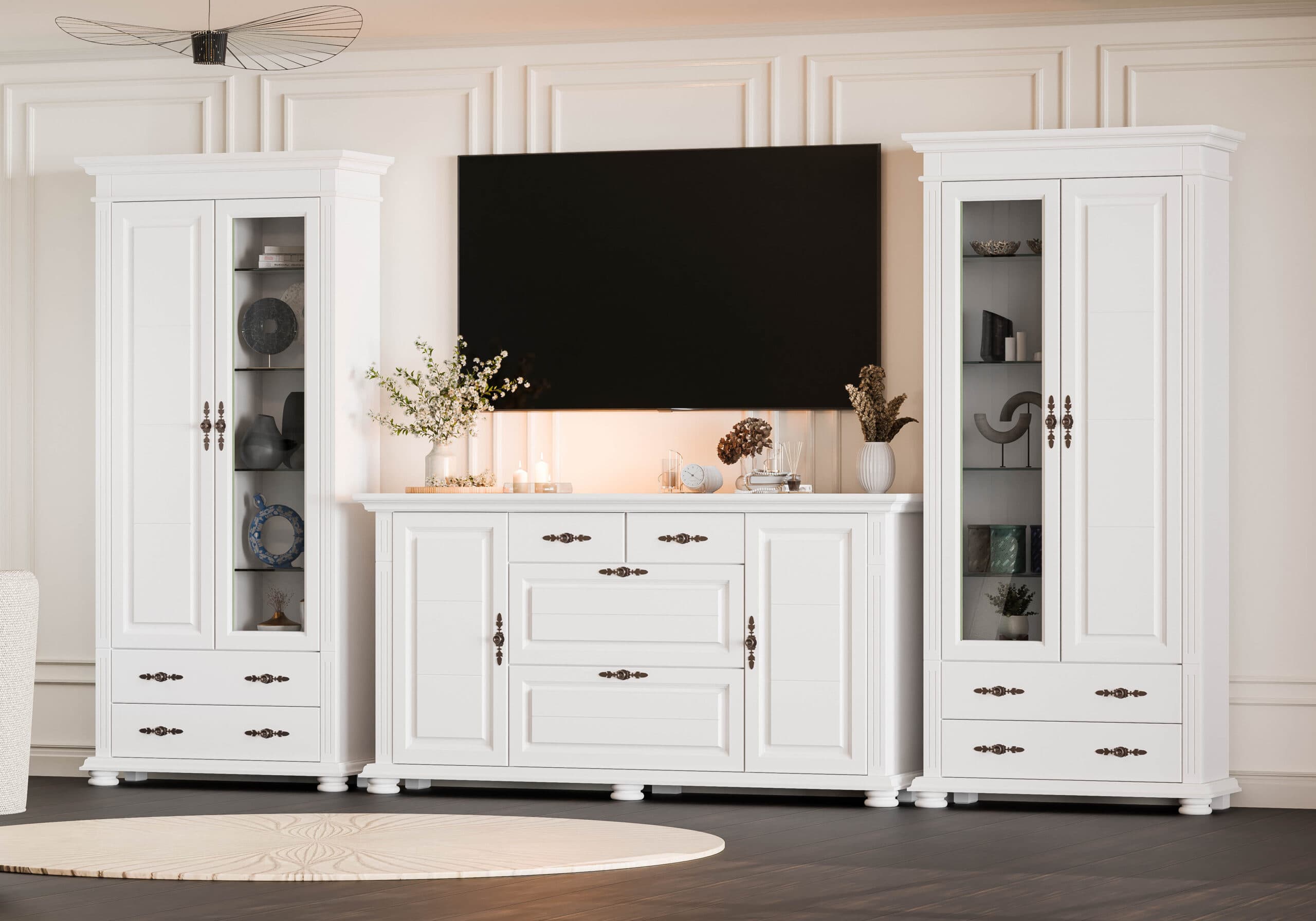 Salon « Skagen » en bois massif avec 2 vitrines et une commode