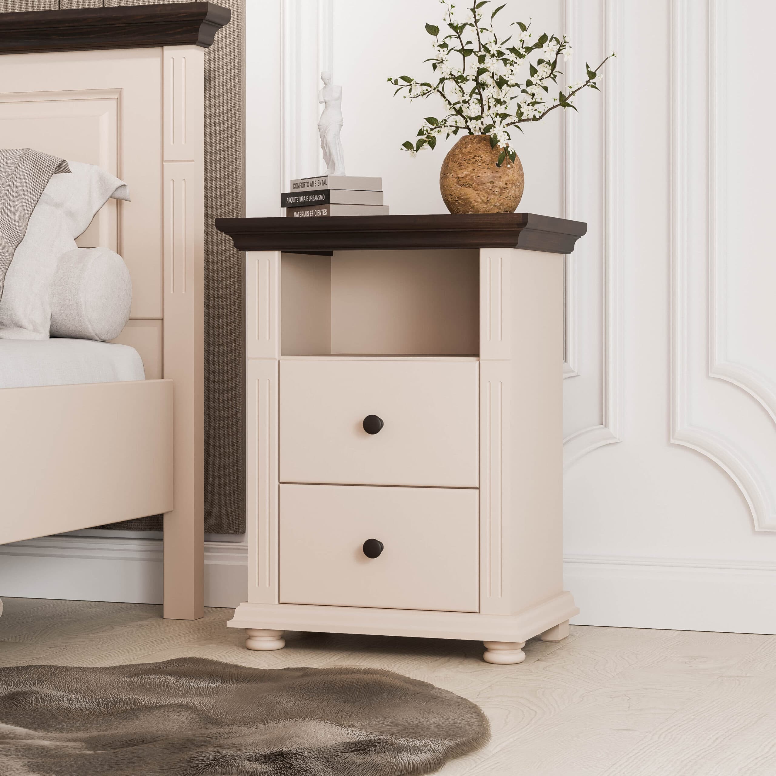 Table de chevet haute Skagen en bois massif, couleur beige poudré
