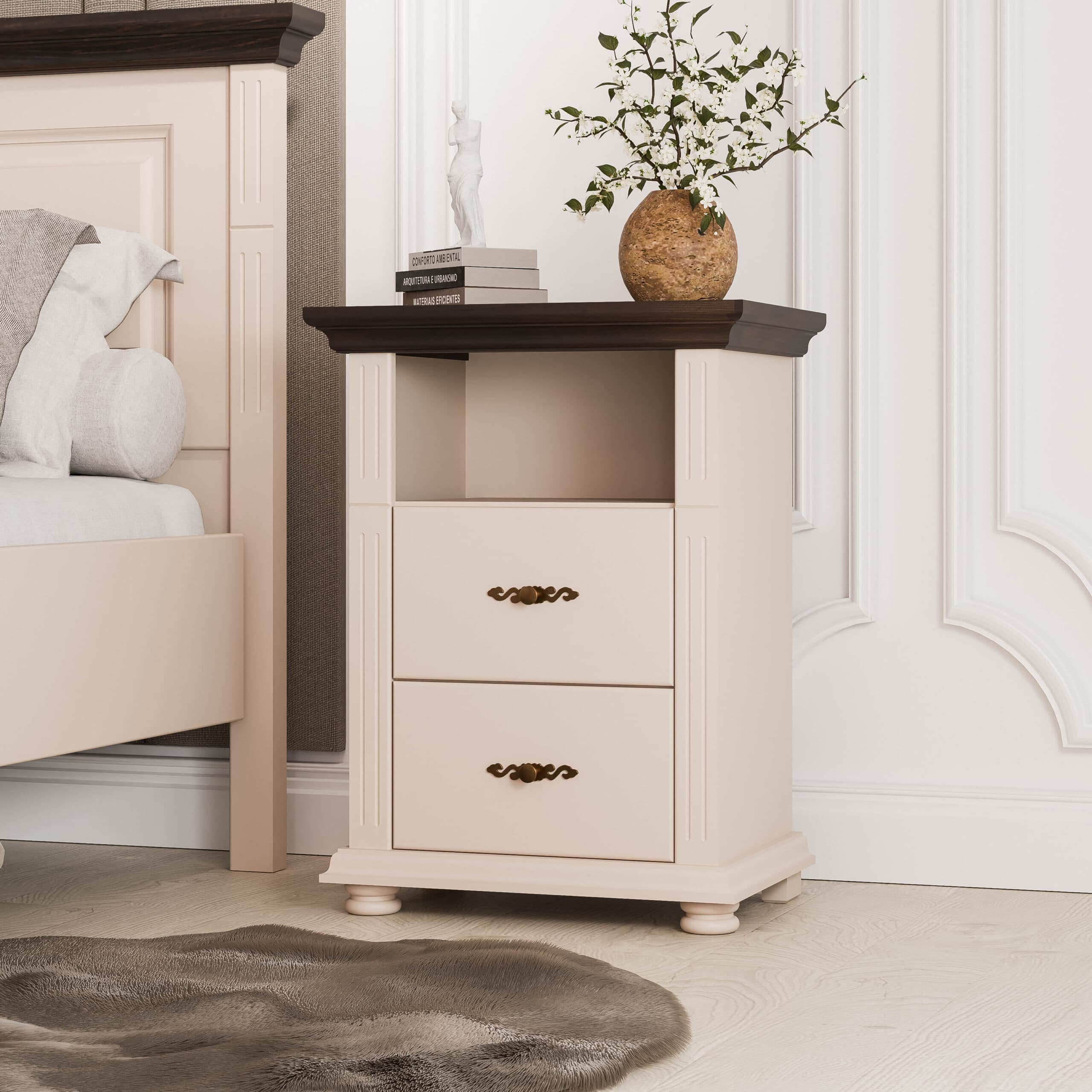 Table de chevet haute Skagen en bois massif, couleur beige poudré