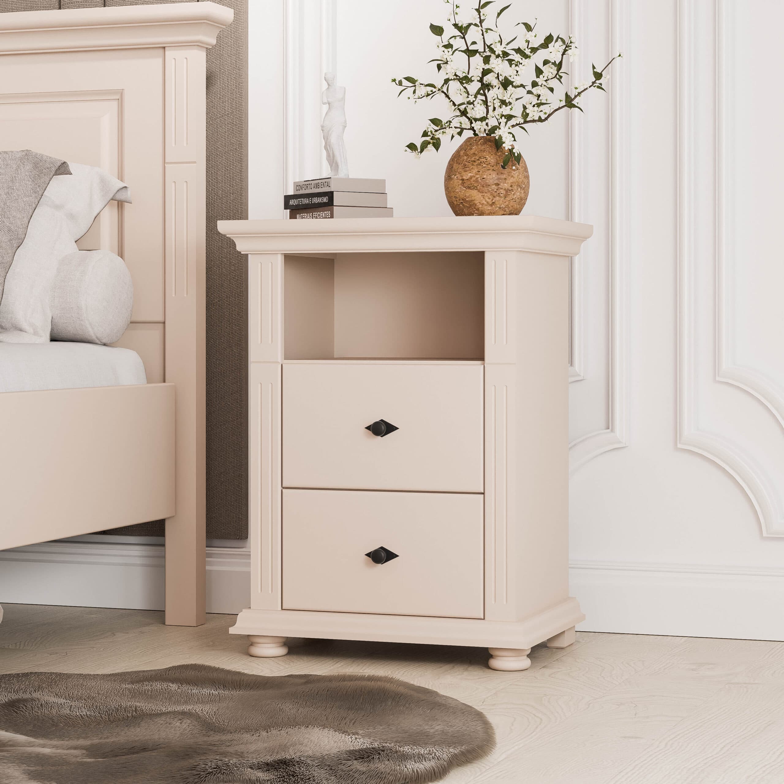 Table de chevet haute Skagen en bois massif, couleur beige poudré
