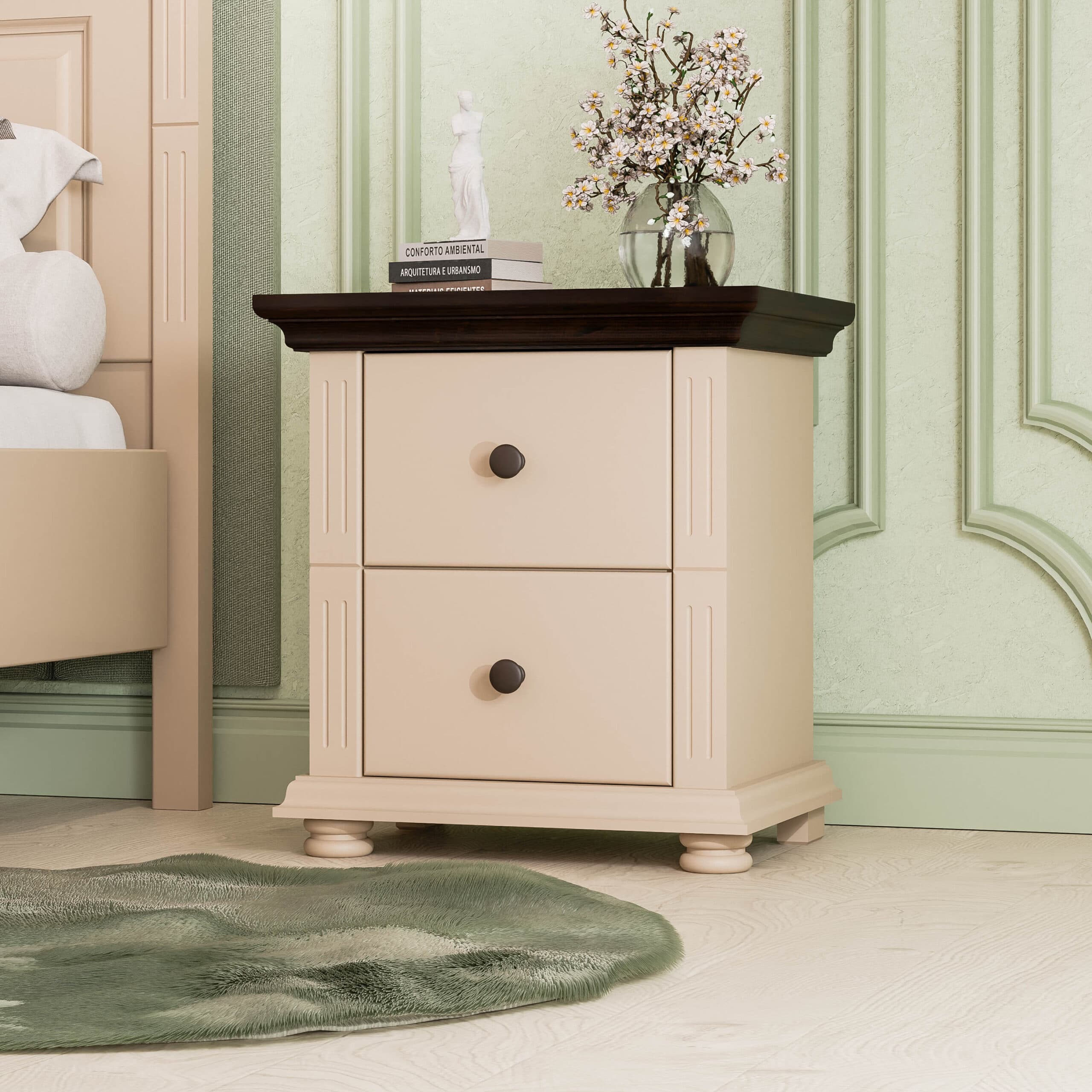 Table de chevet Skagen en bois massif, couleur taupe foncé, avec 2 tiroirs
