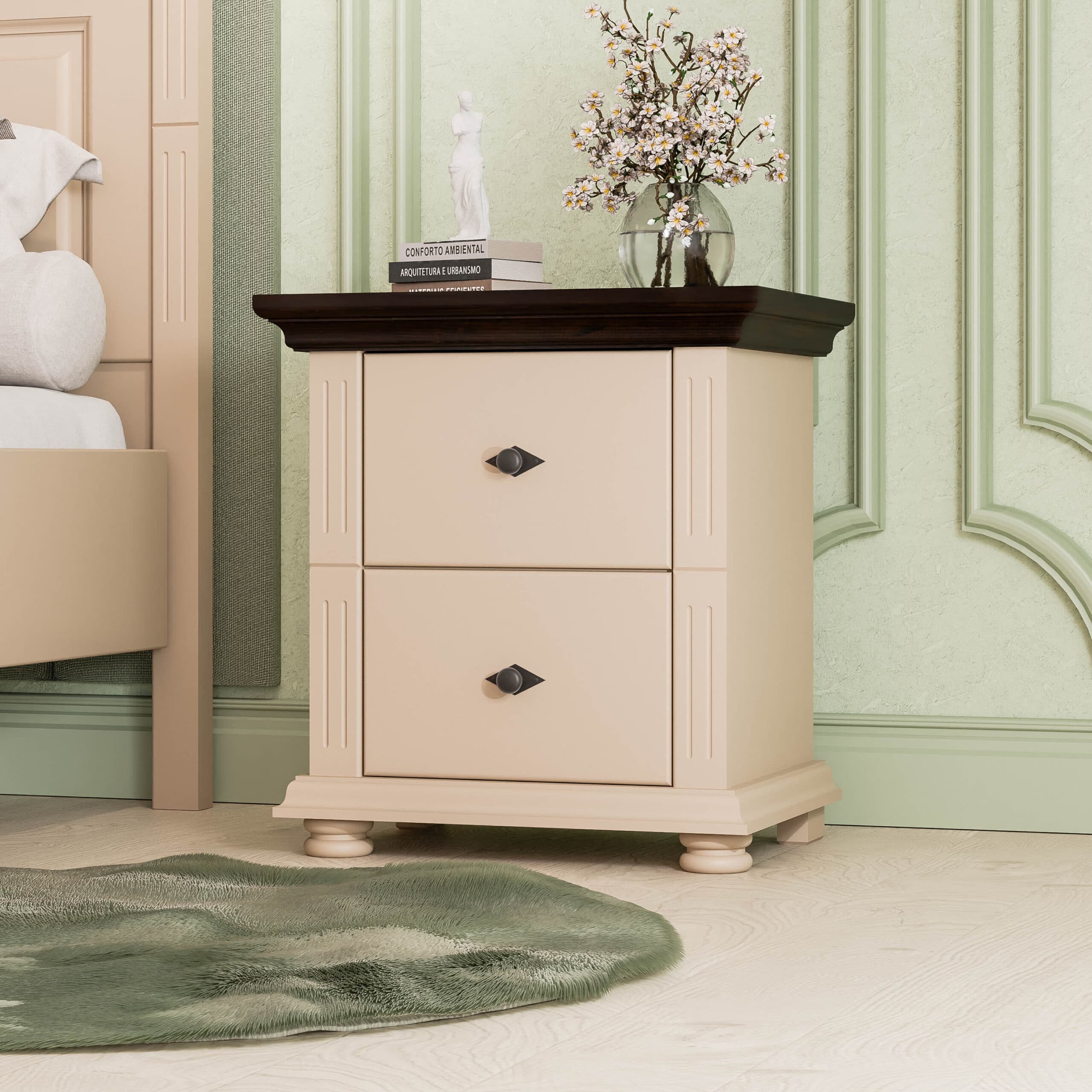 Table de chevet Skagen en bois massif, couleur taupe foncé, avec 2 tiroirs