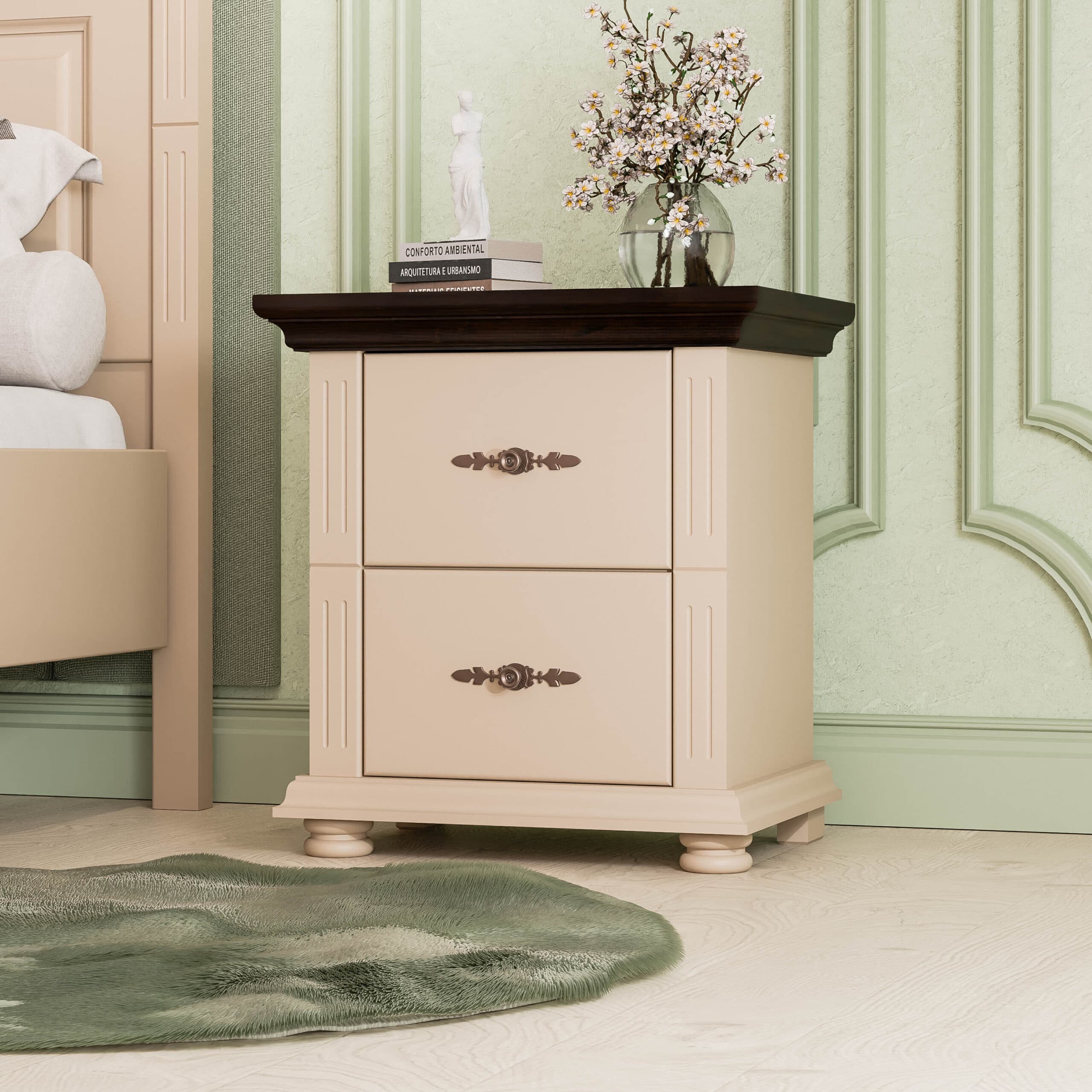 Table de chevet Skagen en bois massif, couleur taupe foncé, avec 2 tiroirs