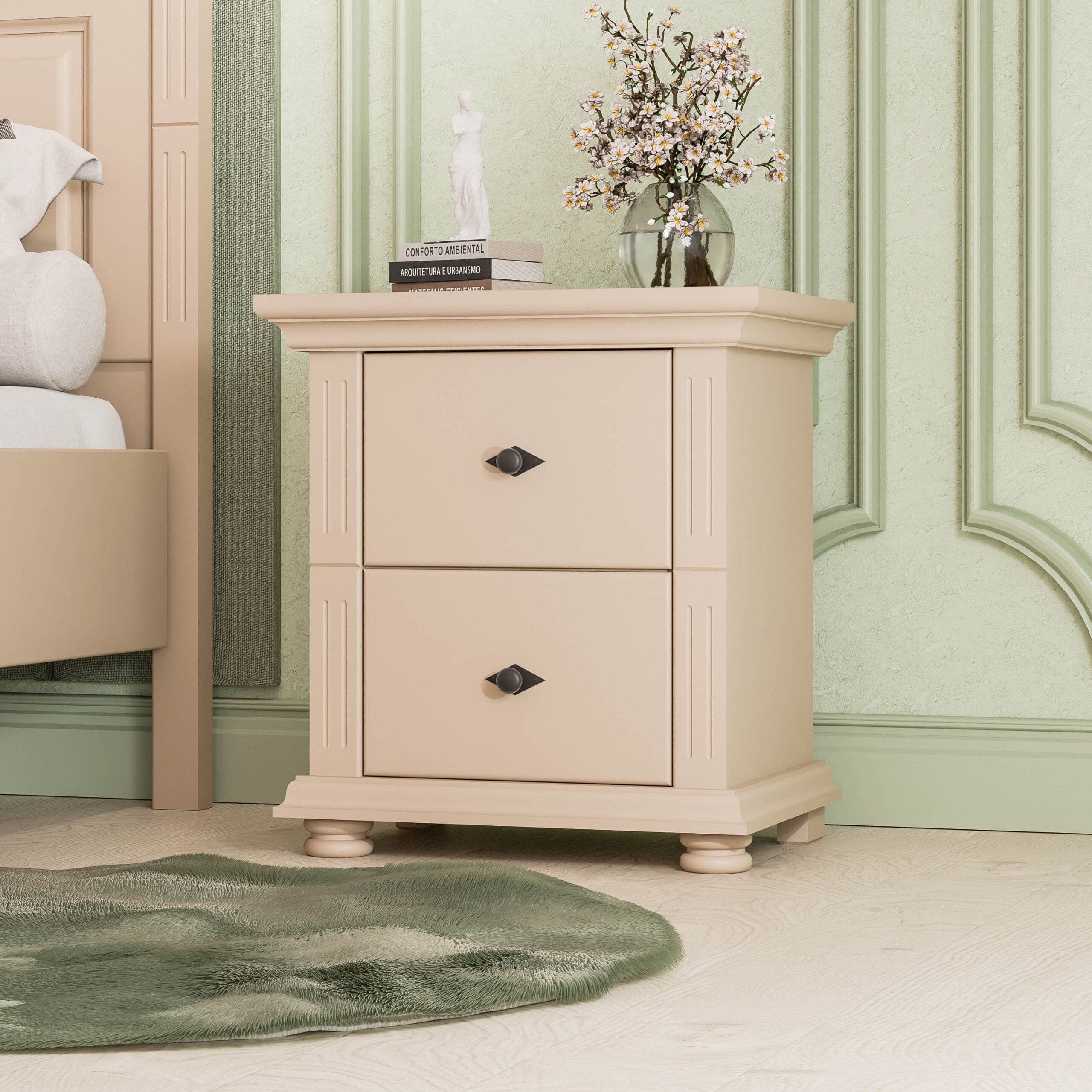Table de chevet Skagen en bois massif, couleur taupe foncé, avec 2 tiroirs