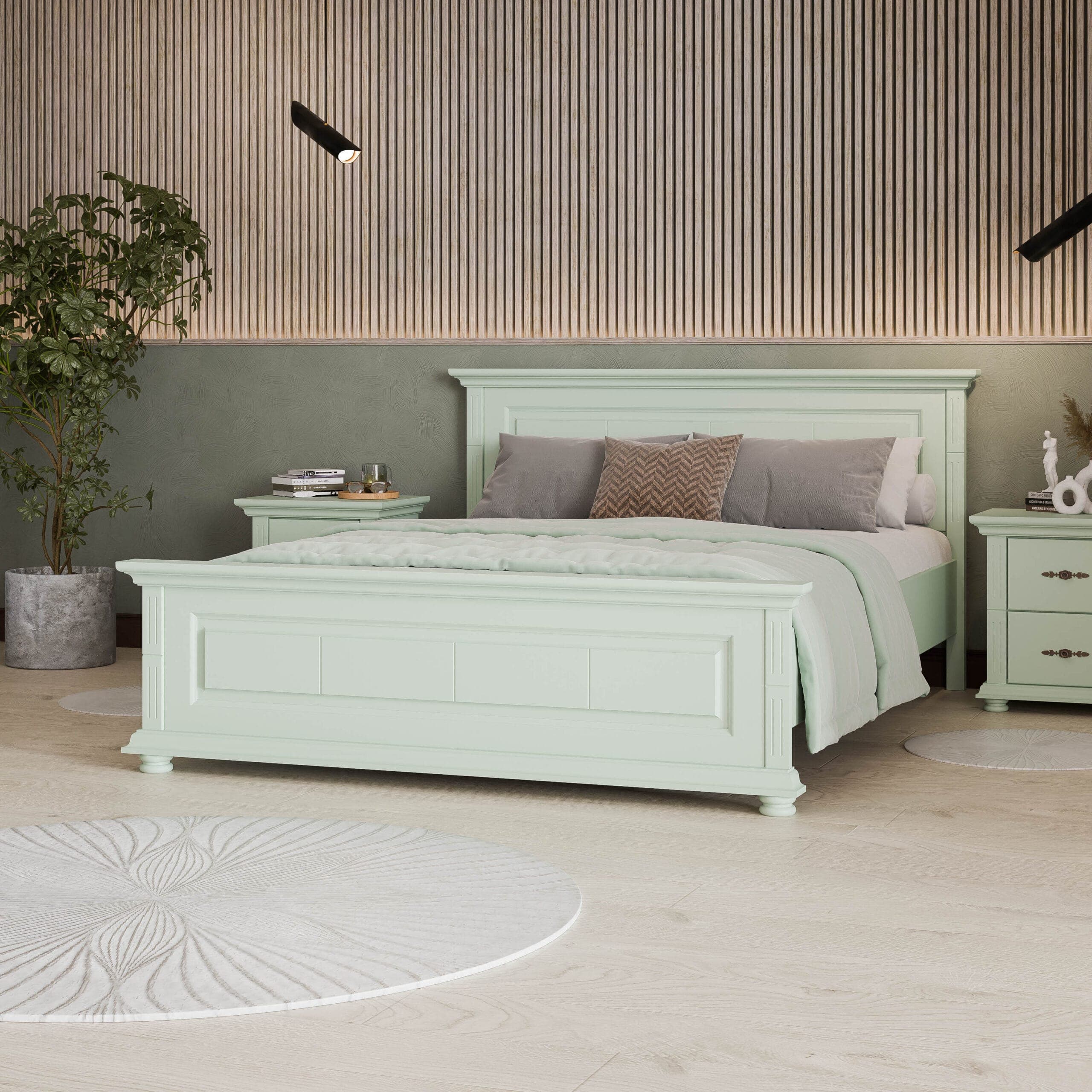 Lit en bois massif Skagen 140, vert pastel, grande tête de lit