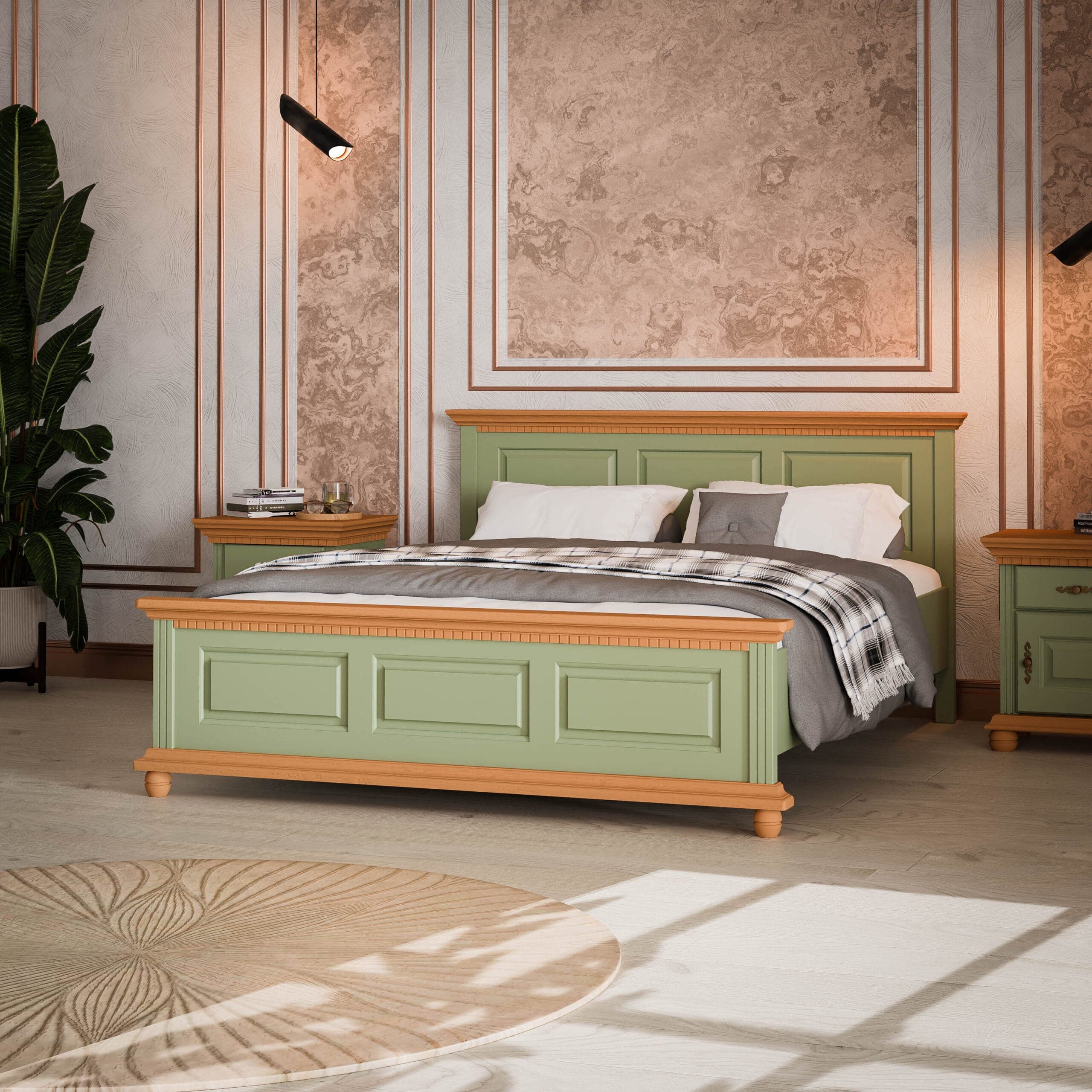 Lit en bois massif Fjord 140 cm, couleur sauge, avec supports de matelas