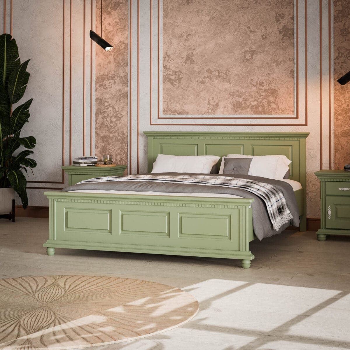 Lit en bois massif Fjord 180 cm, couleur sauge, avec supports de matelas