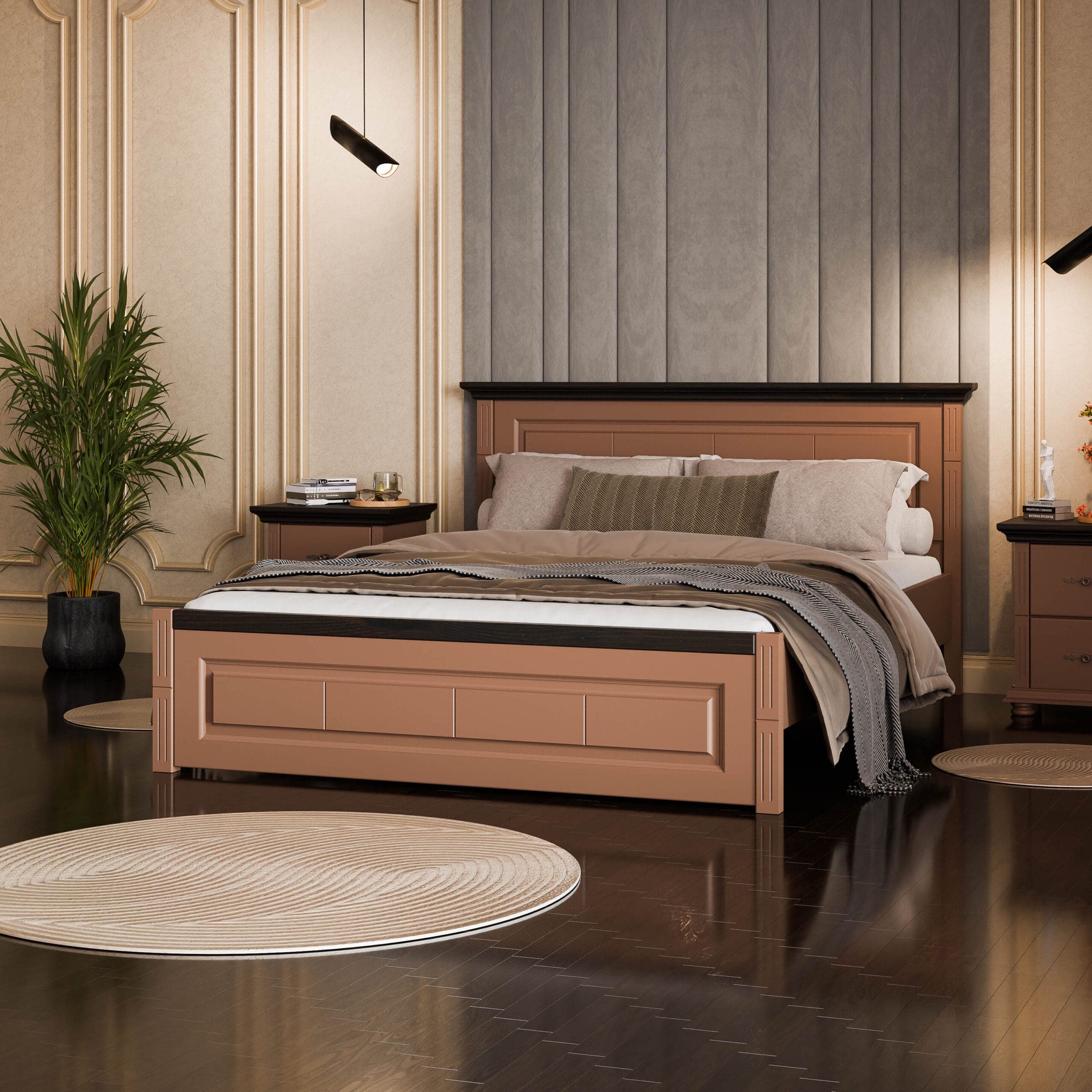 Lit en bois massif Skagen 140, couleur brun terre, tête de lit étroite